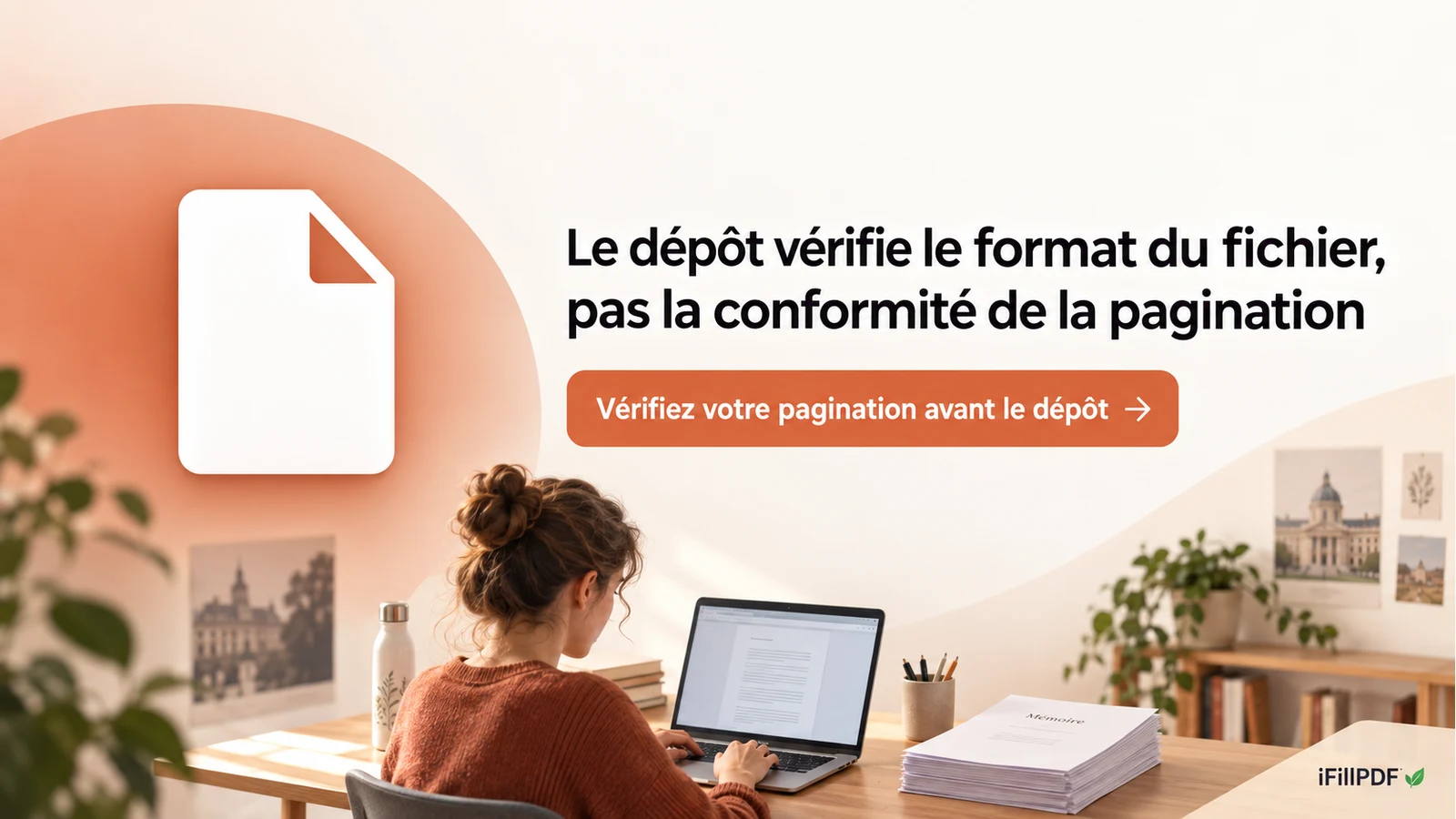 Étudiant devant un ordinateur portable finalise le dépôt de son mémoire en ligne, pile de pages imprimées à côté du clavier