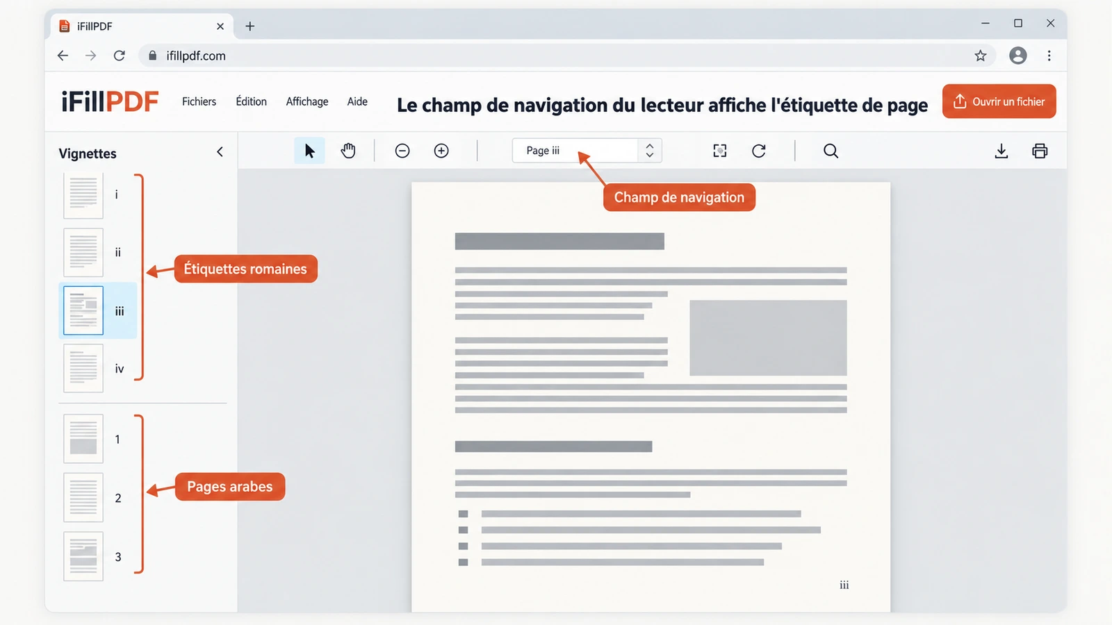 Maquette d'un lecteur PDF affichant un panneau de vignettes de pages, avec les premières vignettes étiquetées en chiffres romains et les suivantes en chiffres arabes