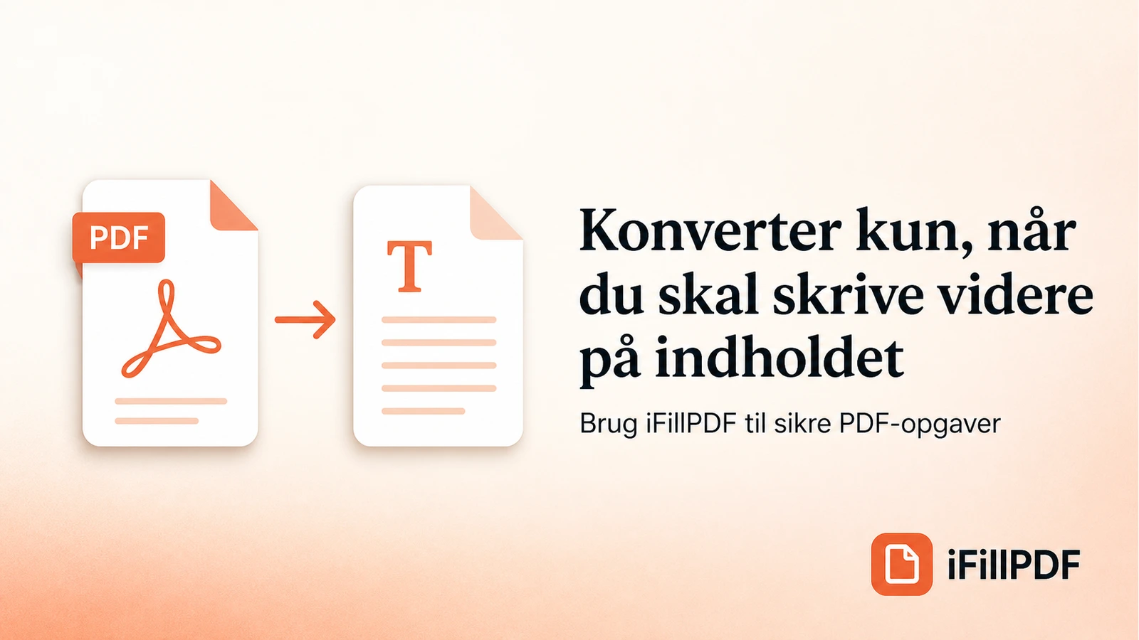 Ren illustration af et PDF-ikon, der bliver til et tekstdokumentikon med en pil imellem