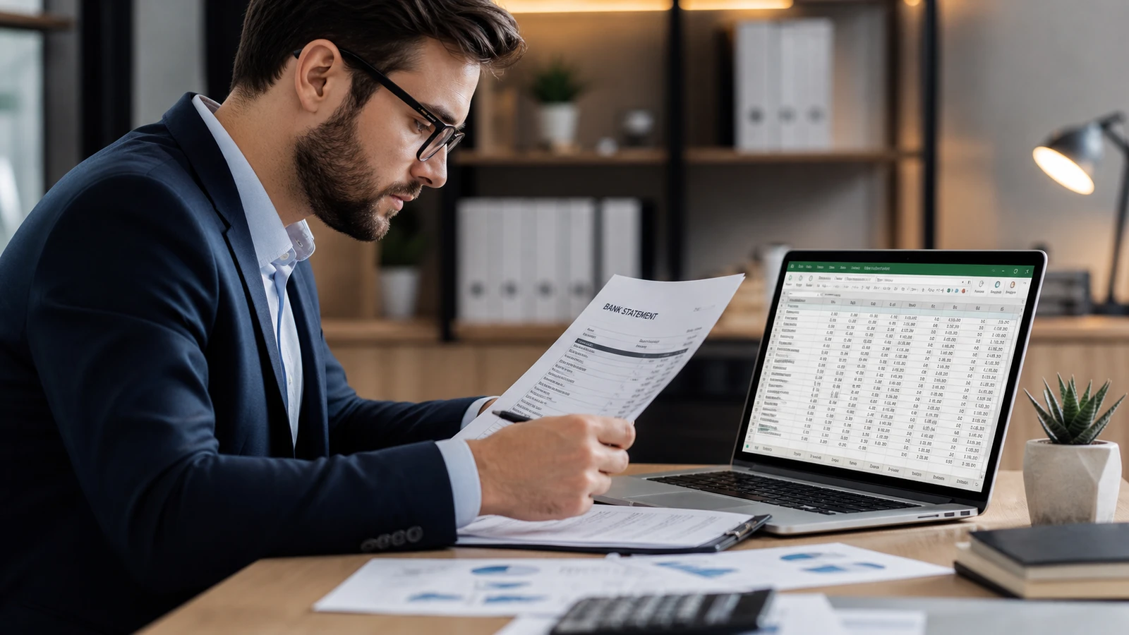 Accountant comparing a printed PDF bank statement with the Excel spreadsheet output from Adobe Acrobat Pro