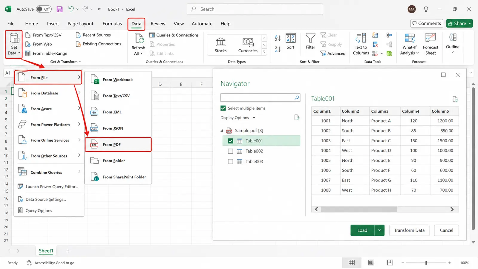 Microsoft Excel Power Query β Get Data From PDF feature with Navigator panel showing detected tables