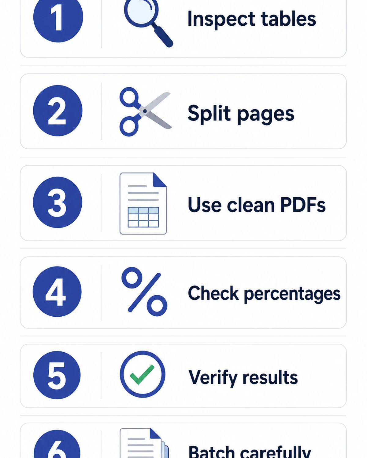 Infographic with 6 best practices for accurate PDF to Excel conversion: identify PDF type, crop, one table per page, check decimals, verify totals, batch large jobs