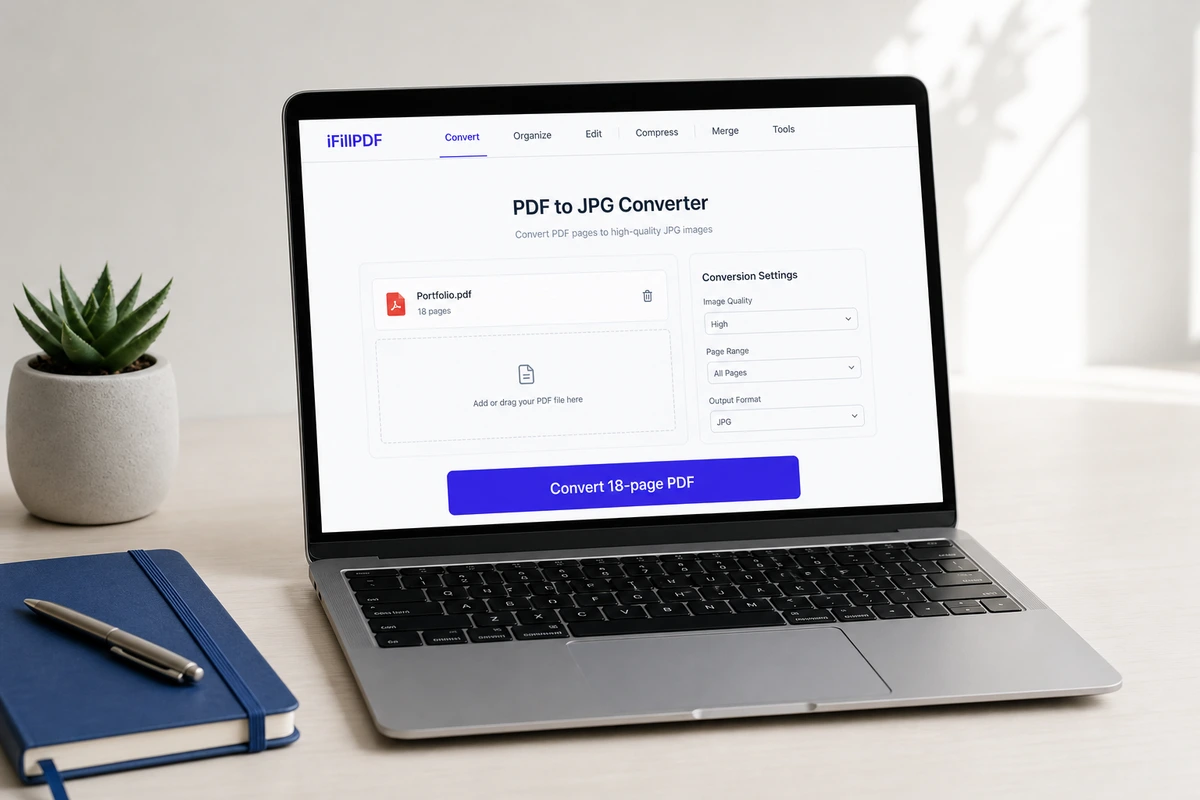 MacBook Air mockup showing the iFillPDF PDF to JPG tool with an 18-page conversion ready