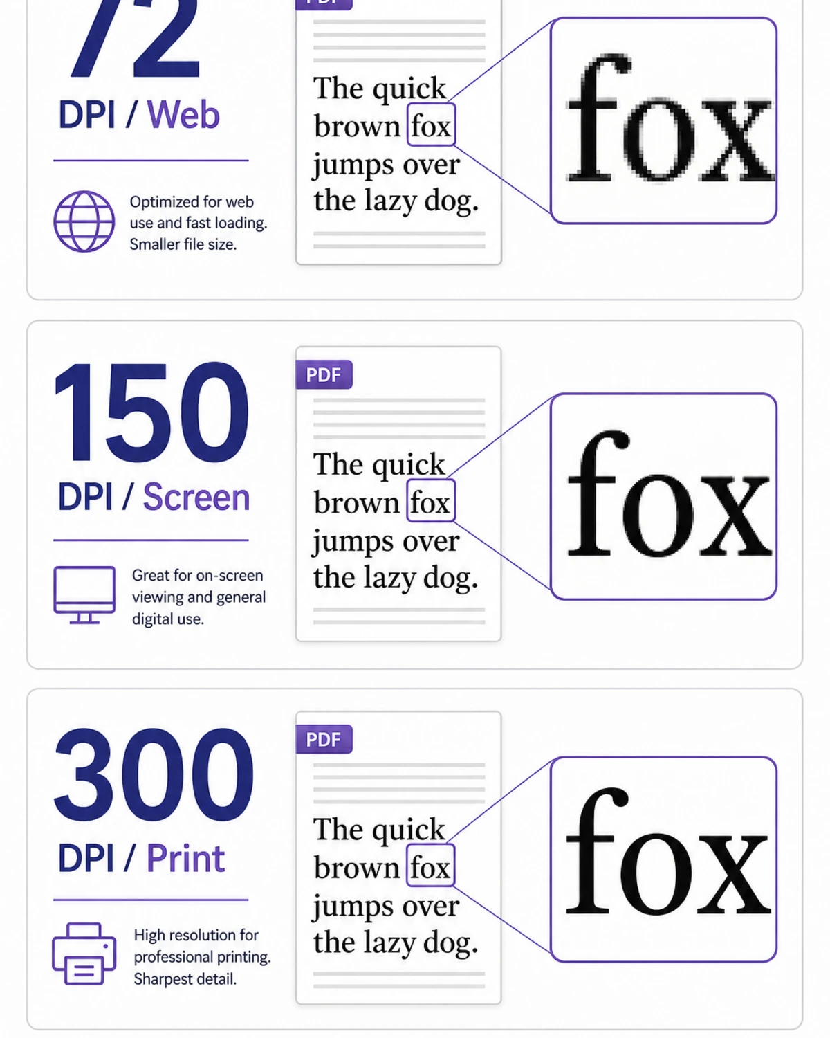 Vertical infographic comparing 72, 150 and 300 DPI text crispness with the ISO 12647 print standard noted