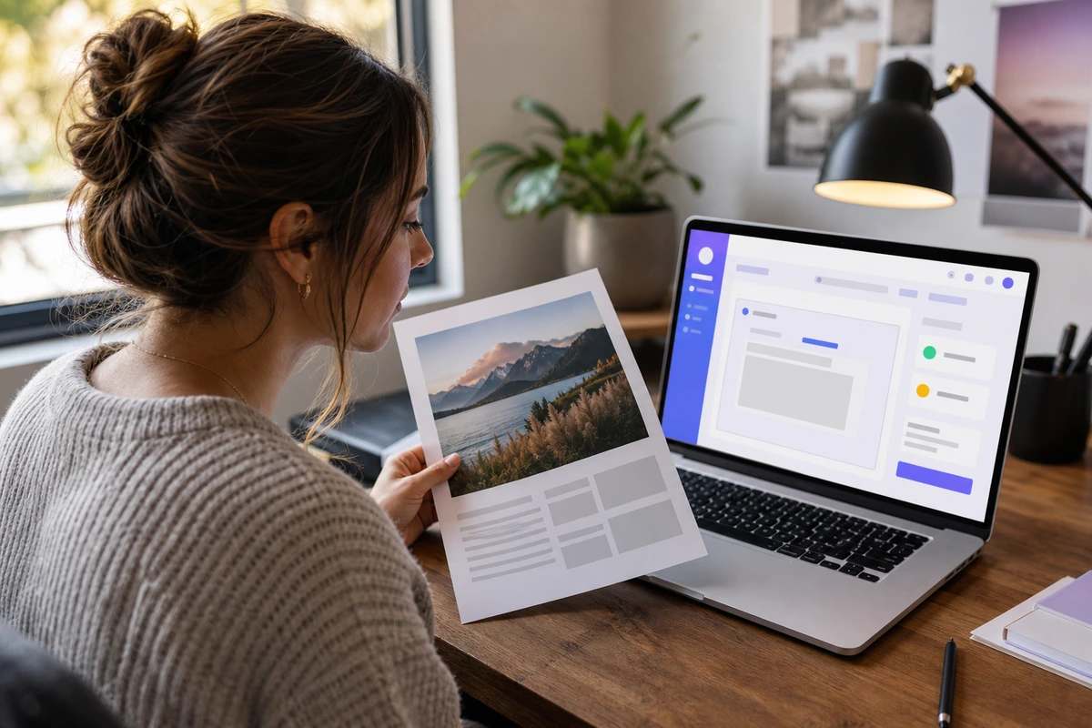 Marketing coordinator holding a freshly printed 300 DPI JPG export beside a MacBook running a browser PDF converter
