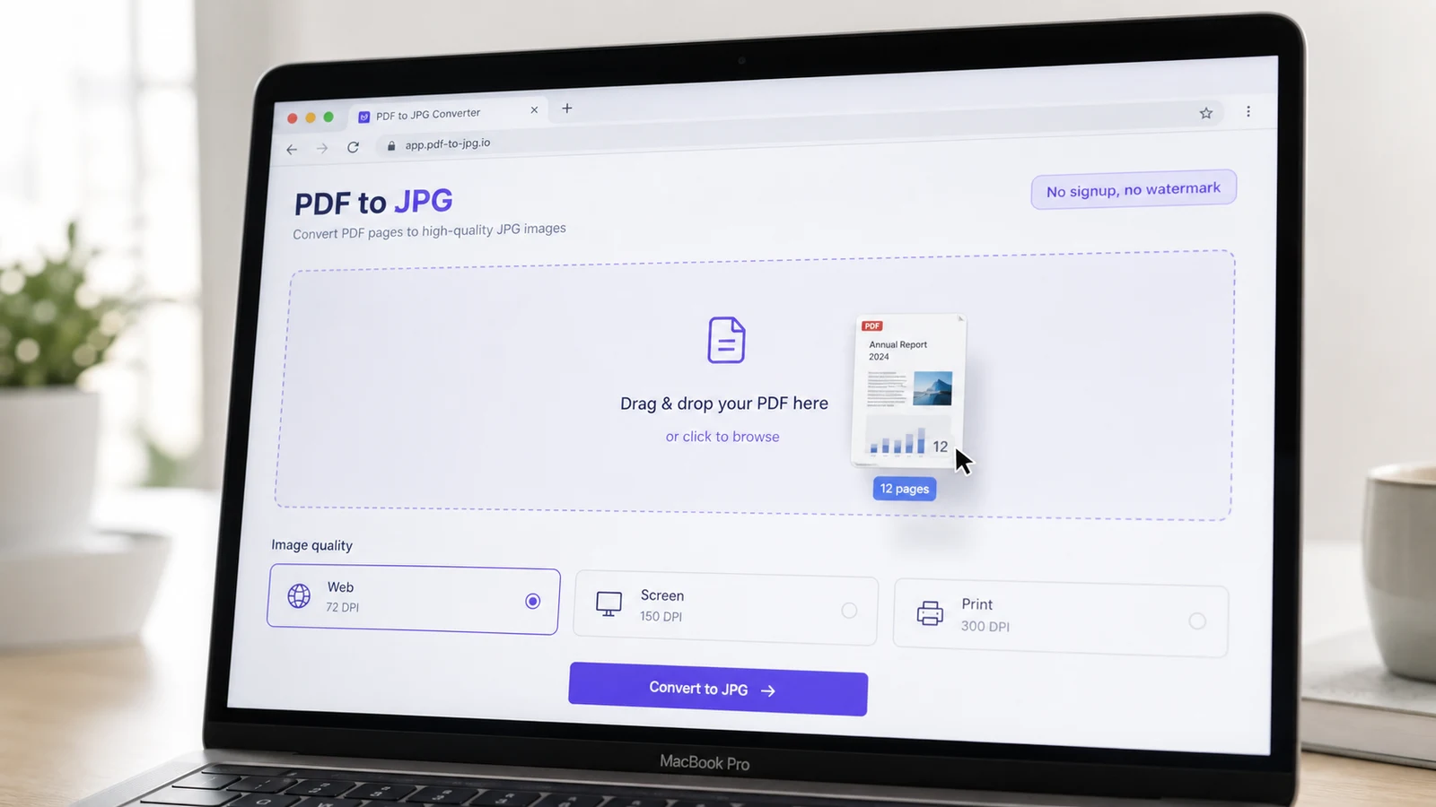 MacBook screen showing a PDF dragged into a browser converter with 72, 150 and 300 DPI presets