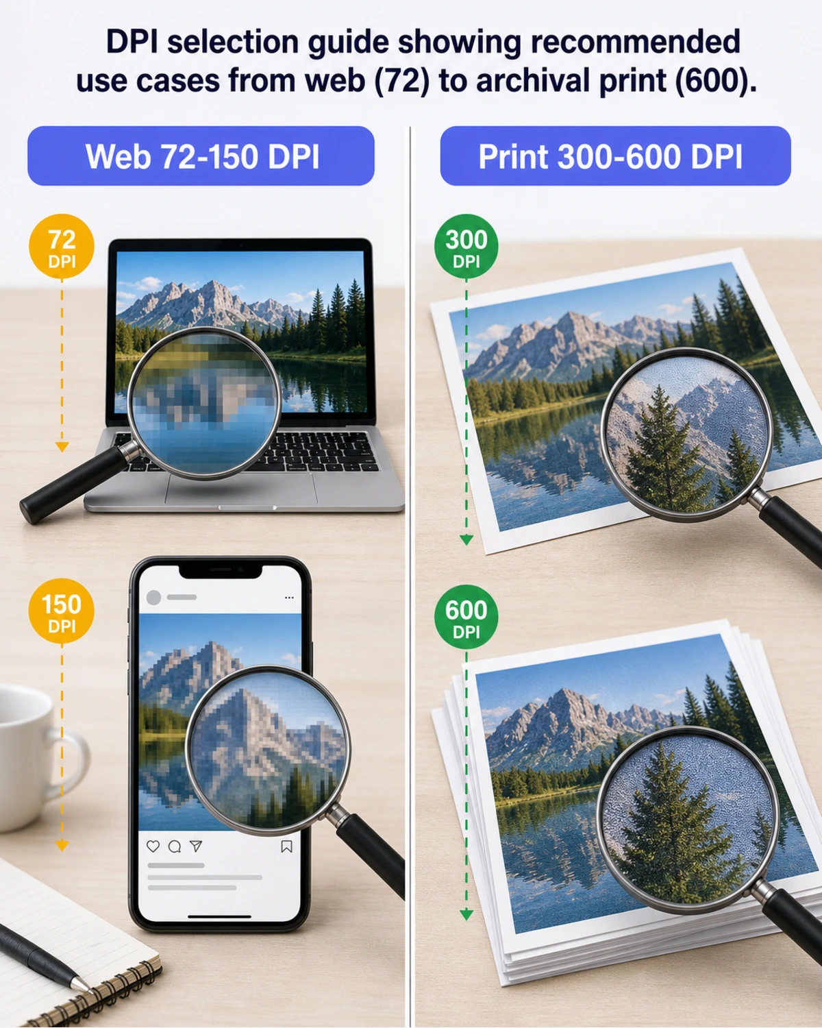 Vertical infographic comparing 72 150 300 and 600 DPI PNG output use cases