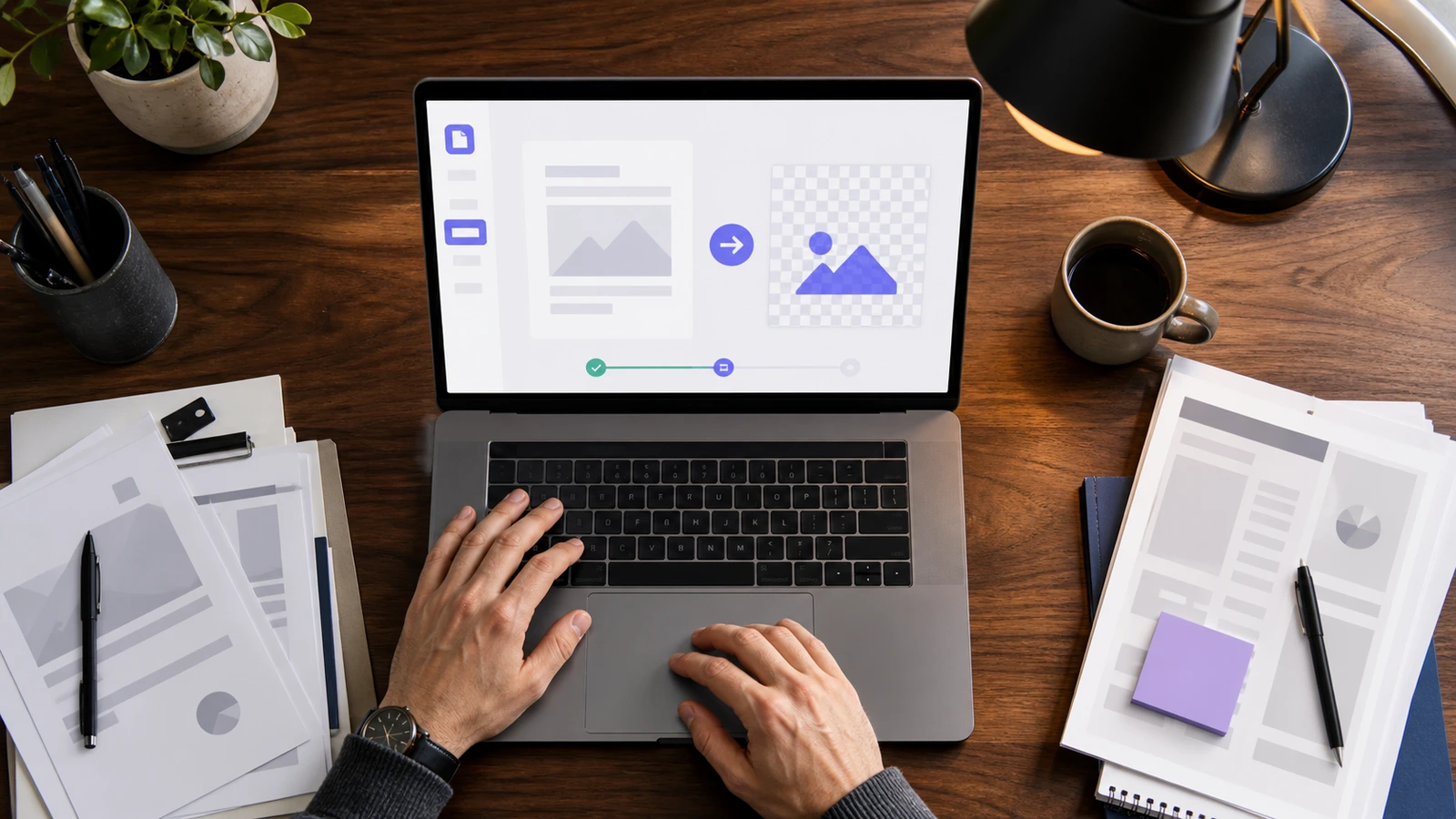 Designer converting PDF document to transparent PNG image on laptop