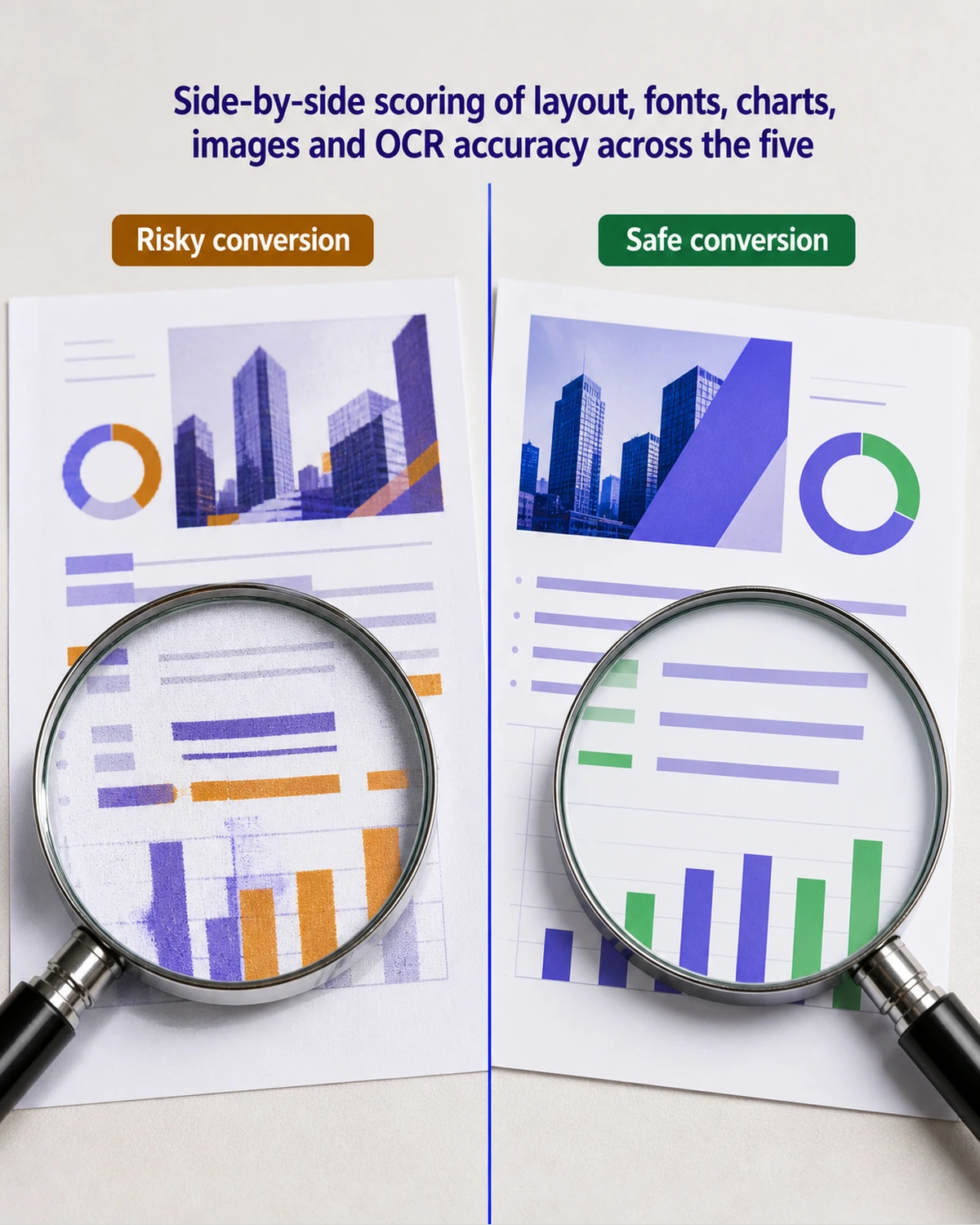 Infographic comparing PDF to PowerPoint converter quality across layout fonts charts