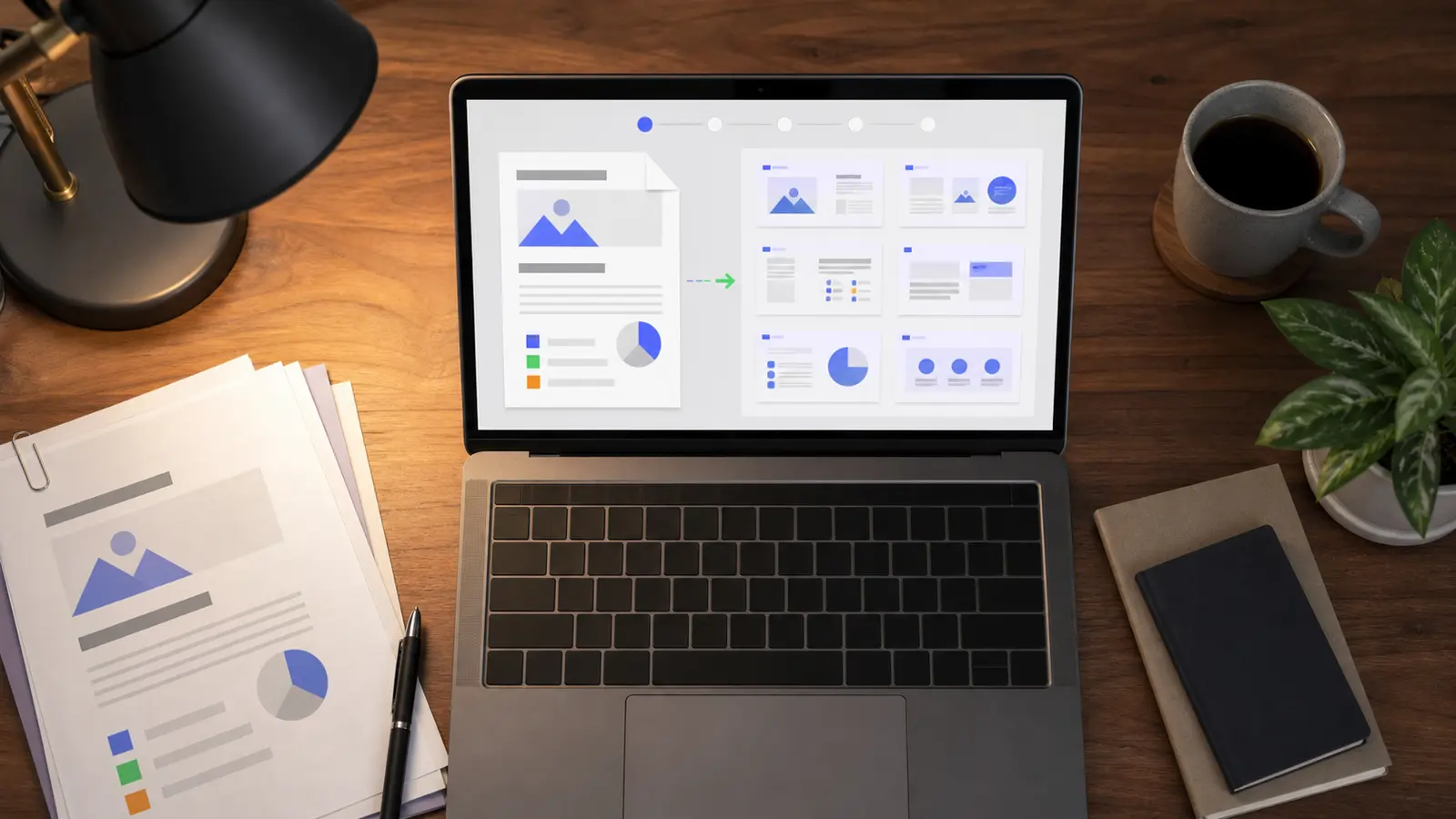 PDF document transforming into editable PowerPoint slides on laptop
