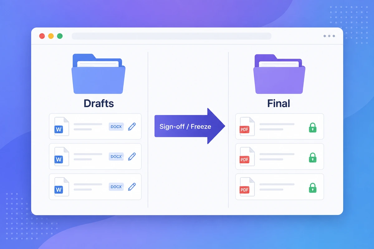 Two folders illustrating the DOCX-to-PDF lifecycle : drafts in DOCX on the left, frozen PDFs on the right after sign-off