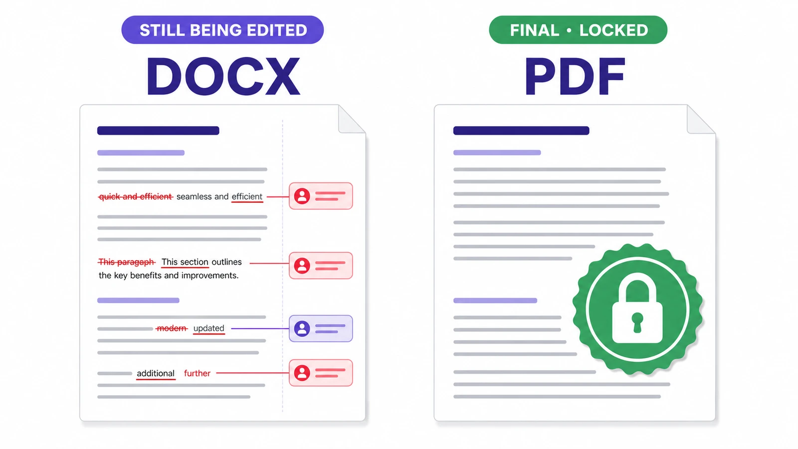 Side-by-side comparison : DOCX with tracked changes (still being edited) vs PDF with a lock seal (final, locked layout)