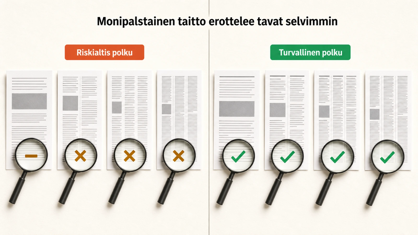 Vertailunäkymä, jossa sama monipalstainen asiakirja on muunnettu neljällä eri tavalla ja tulokset on aseteltu vierekkäin ruudukkoon