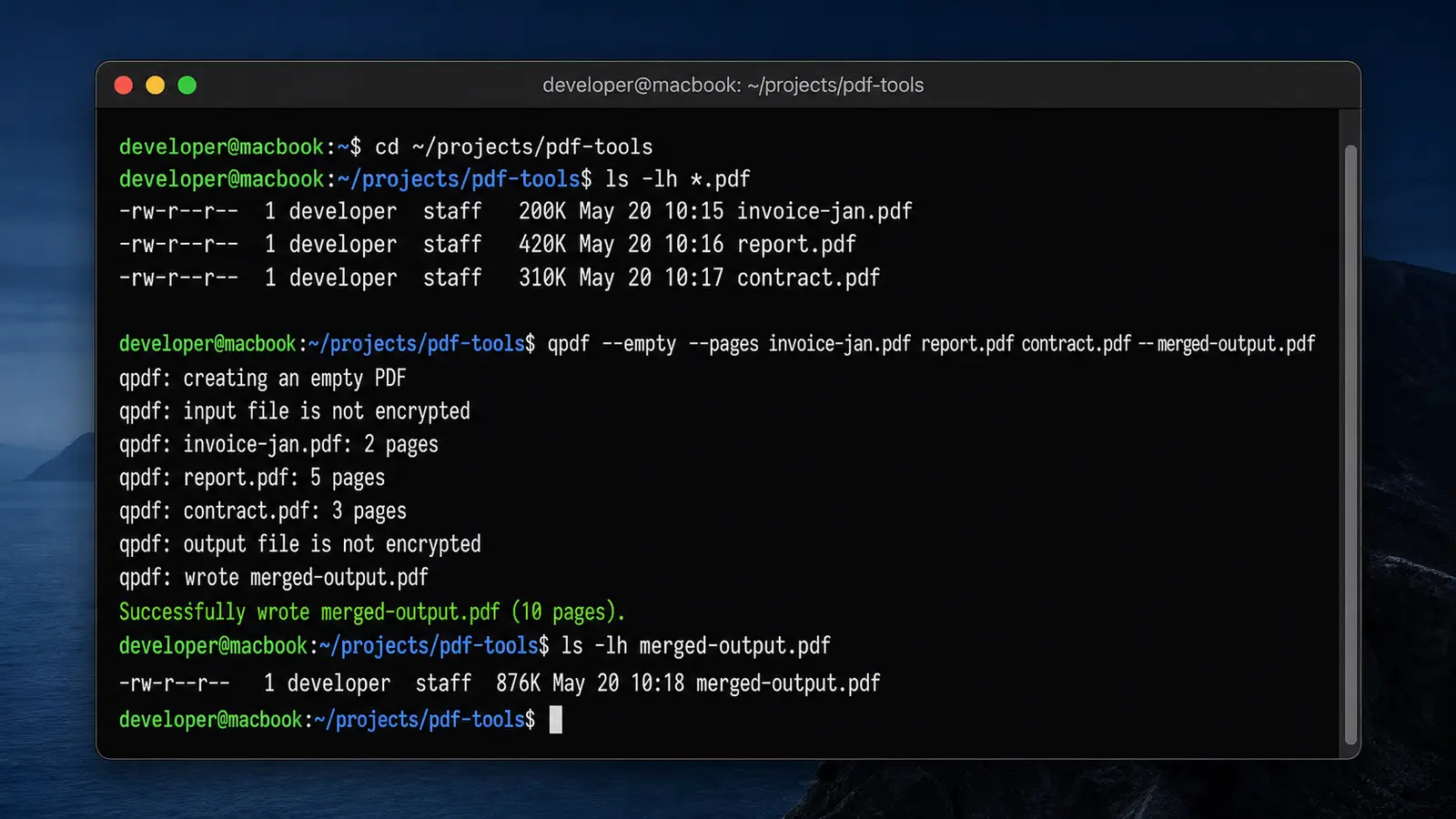 Terminal-Fenster mit qpdf-Befehl zur Zusammenführung mehrerer PDF-Dateien