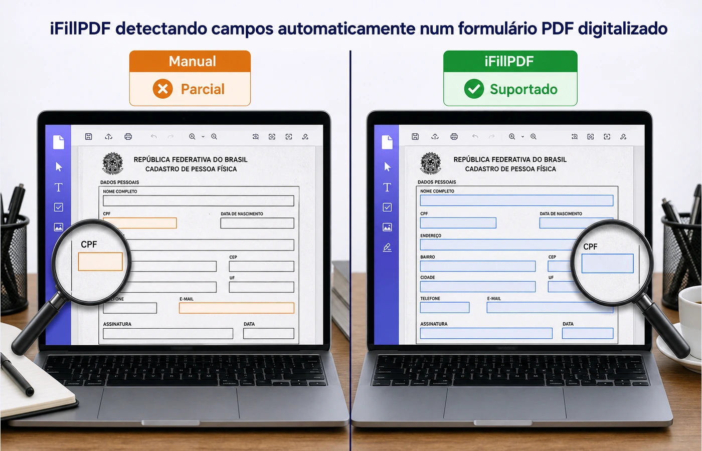 Captura anotada do iFillPDF detectando campos automaticamente num formulário PDF digitalizado