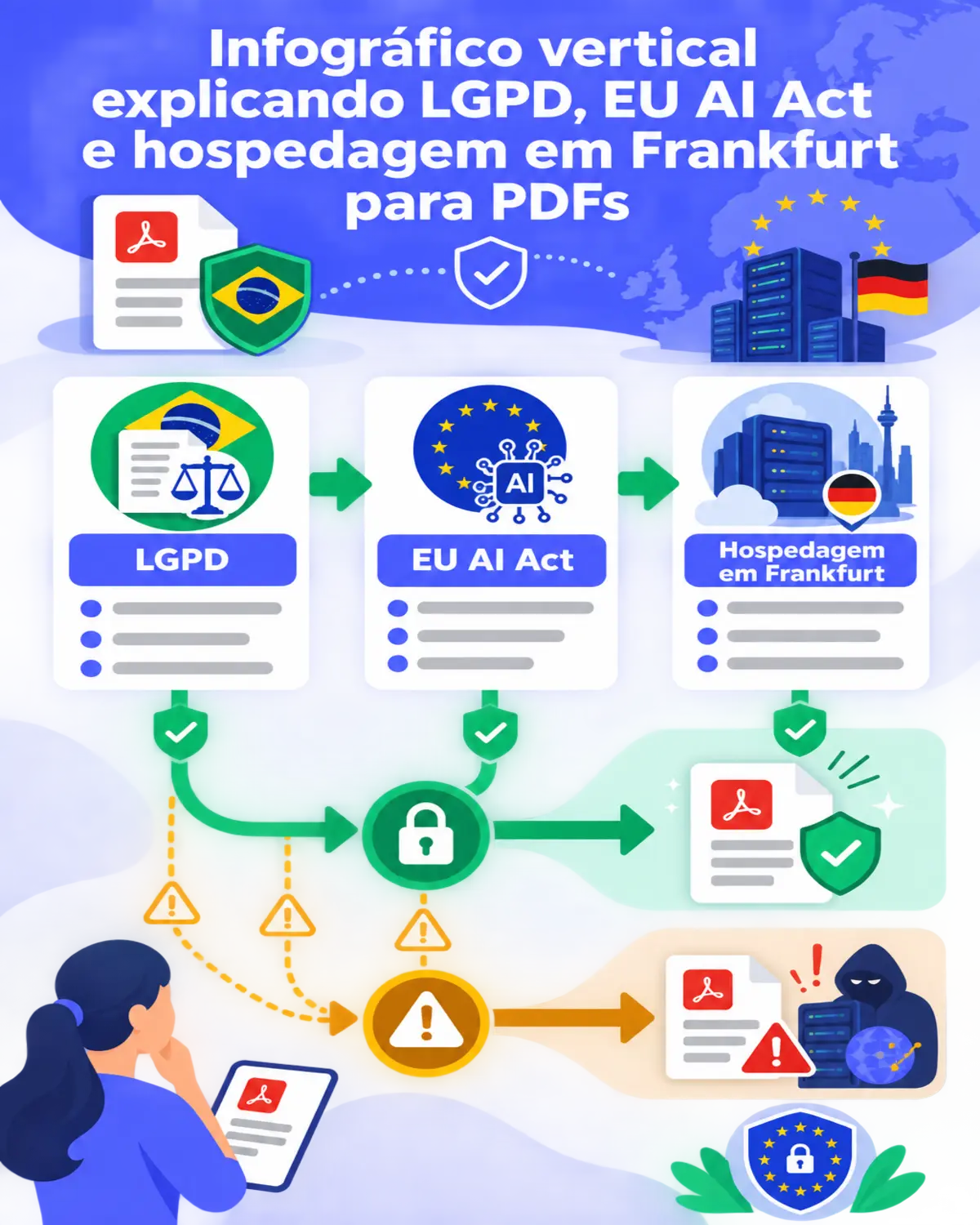Infográfico vertical explicando LGPD, EU AI Act e hospedagem em Frankfurt para PDFs preenchidos online