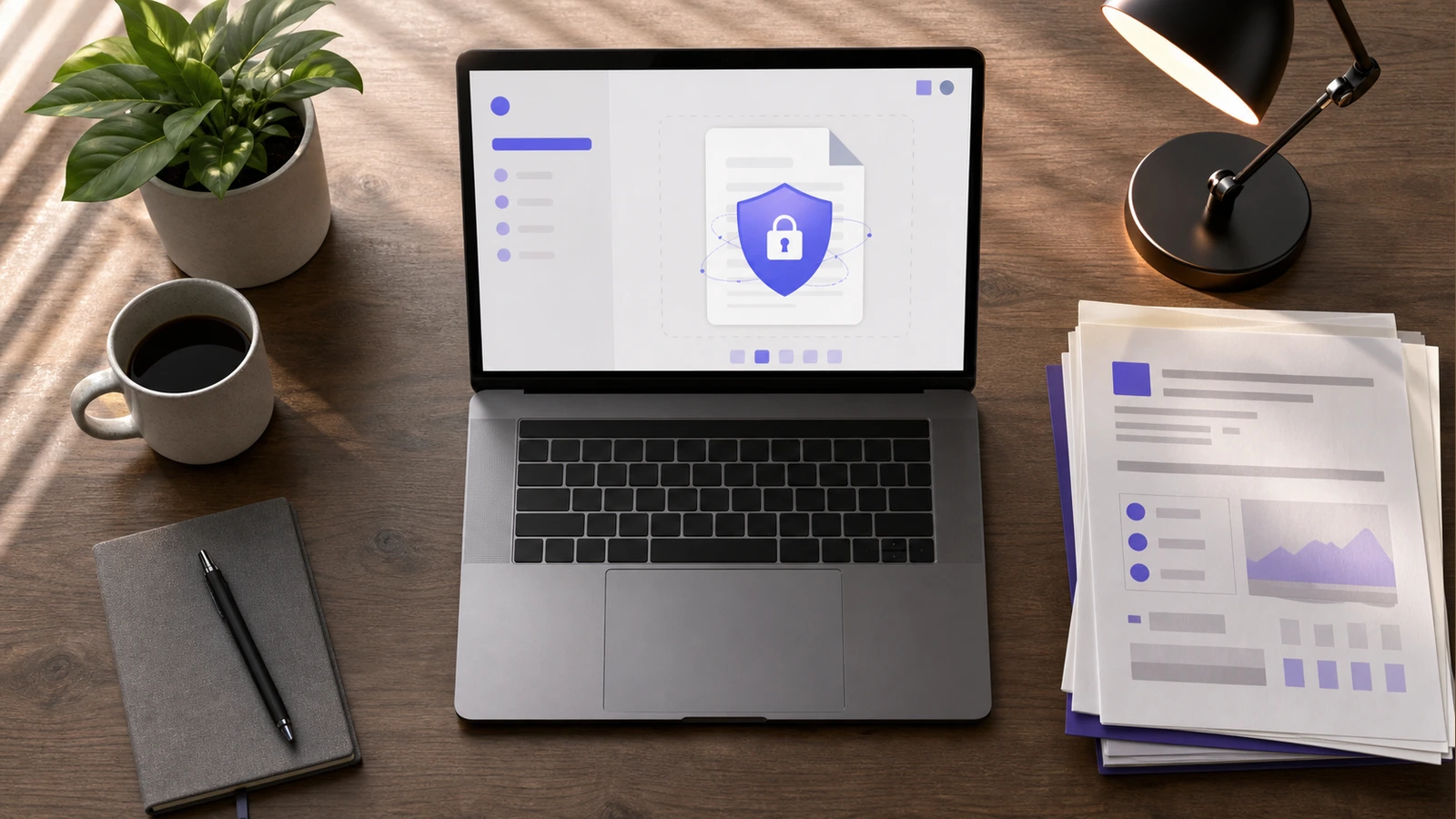 Password-protected PDF contract page behind an AES-256 encryption shield