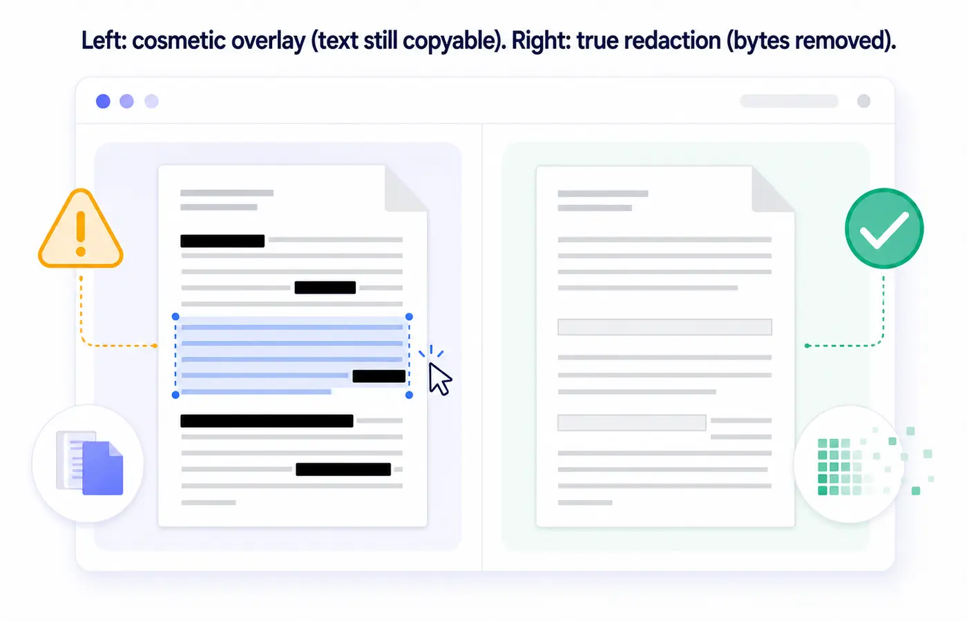 Side-by-side annotated screenshot of fake versus true PDF redaction