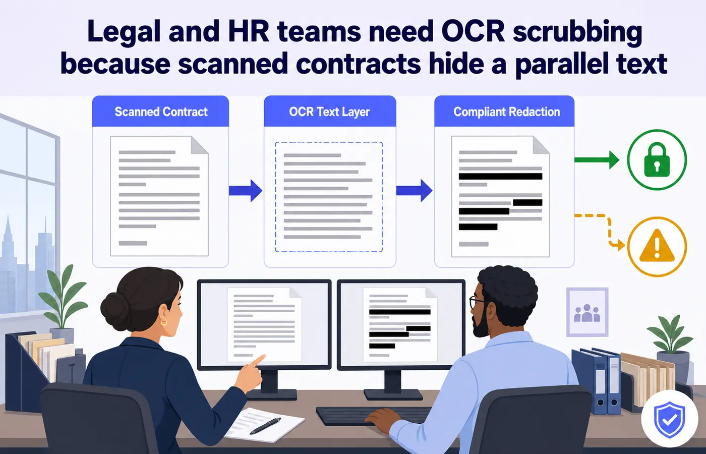 Paralegal and HR officer reviewing redacted PDFs on dual monitors