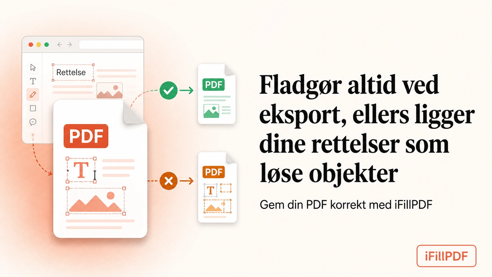 Ren illustration af et dokument, der rettes i en browser og eksporteres som en ny, fladgjort fil
