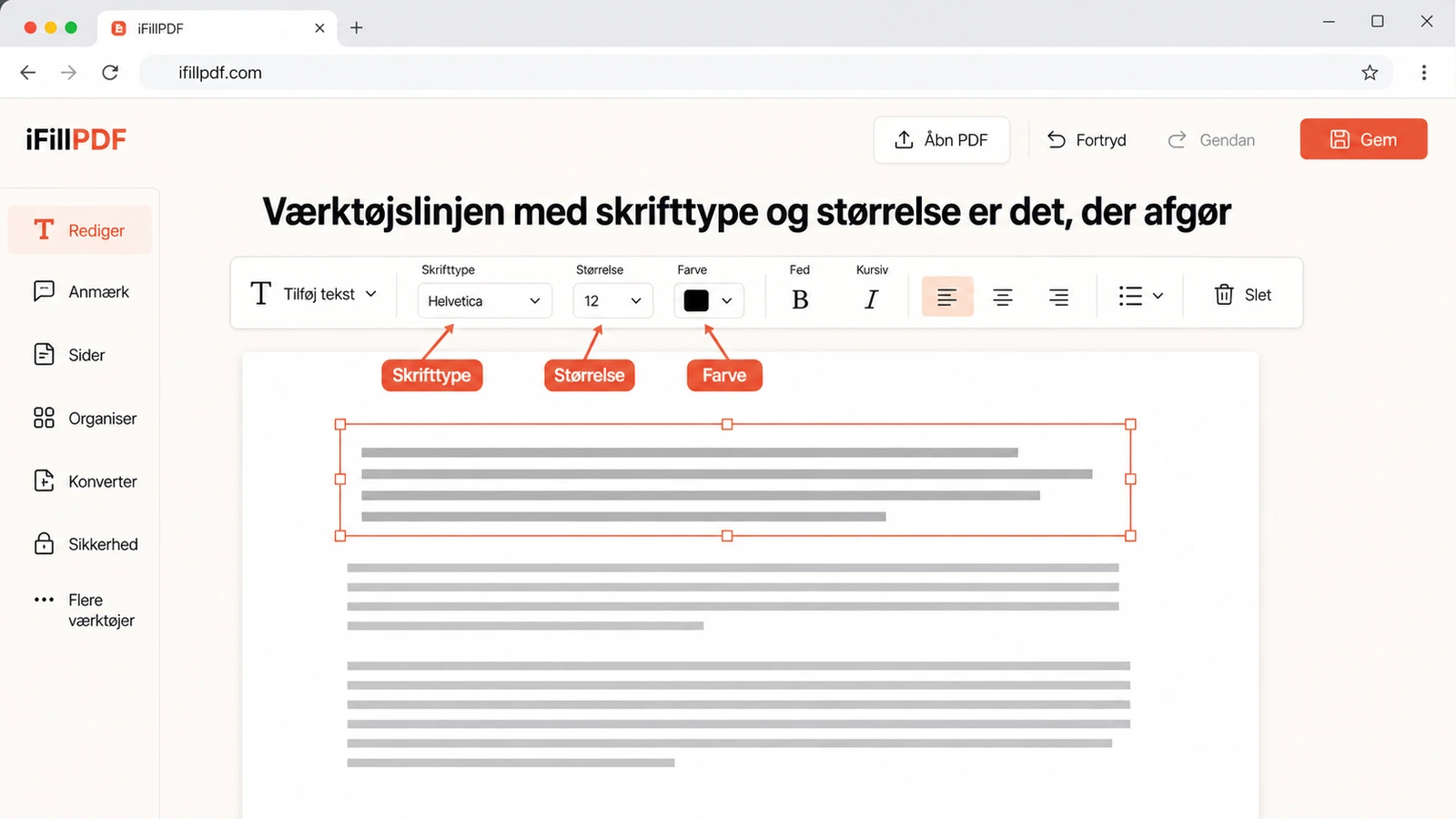 Skærmbillede af en PDF-editor, hvor en tekstblok er markeret med håndtag, og en værktøjslinje viser valg af skrifttype, størrelse og farve