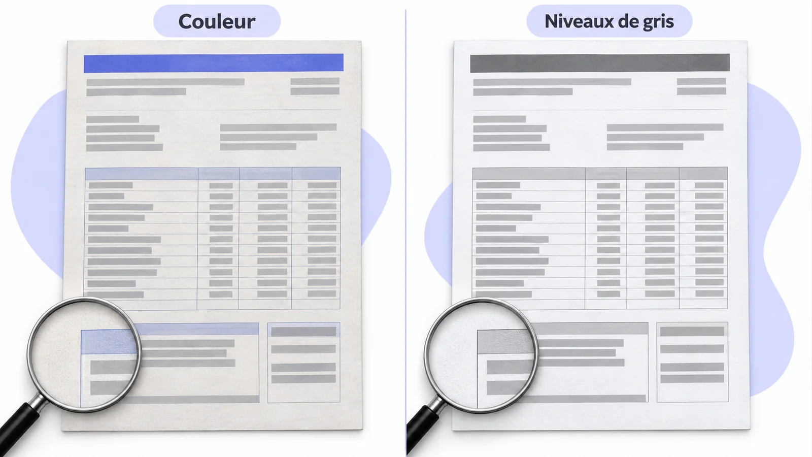 Deux versions côte à côte de la même fiche de paie numérisée, à gauche une numérisation couleur très détaillée avec un fond légèrement grisé, à droite la même page en niveaux de gris sur fond blanc net
