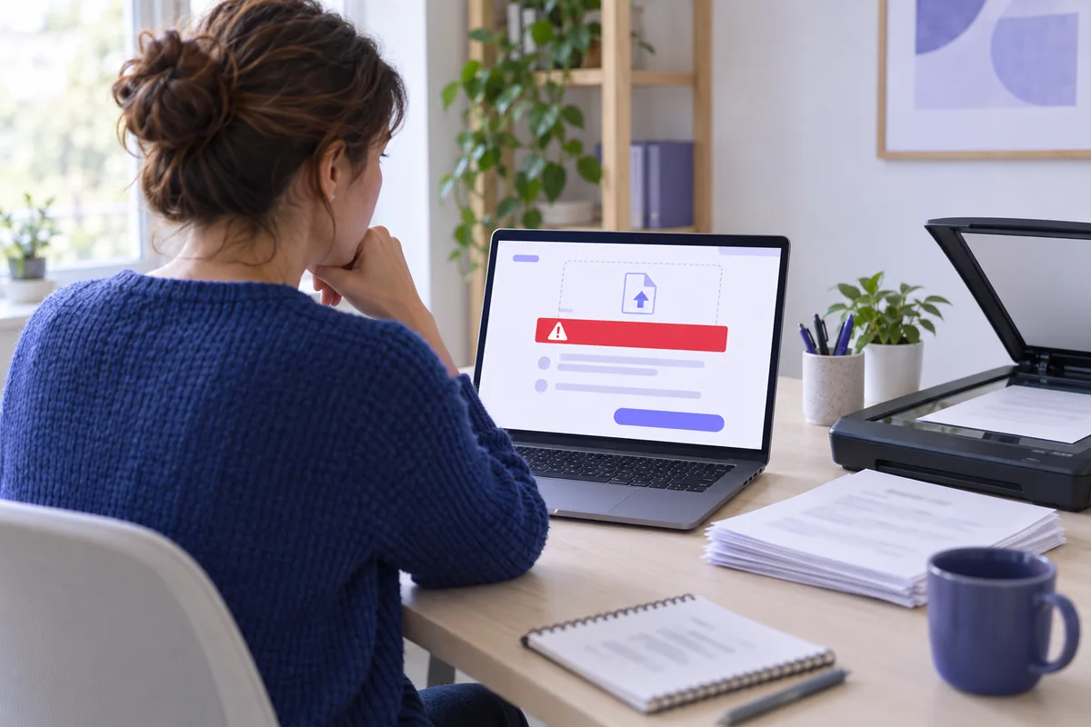 Une femme devant un écran d'ordinateur affichant un formulaire de dépôt de justificatifs avec un bandeau rouge de refus, une pile de papiers et un scanner à plat posés à côté du clavier