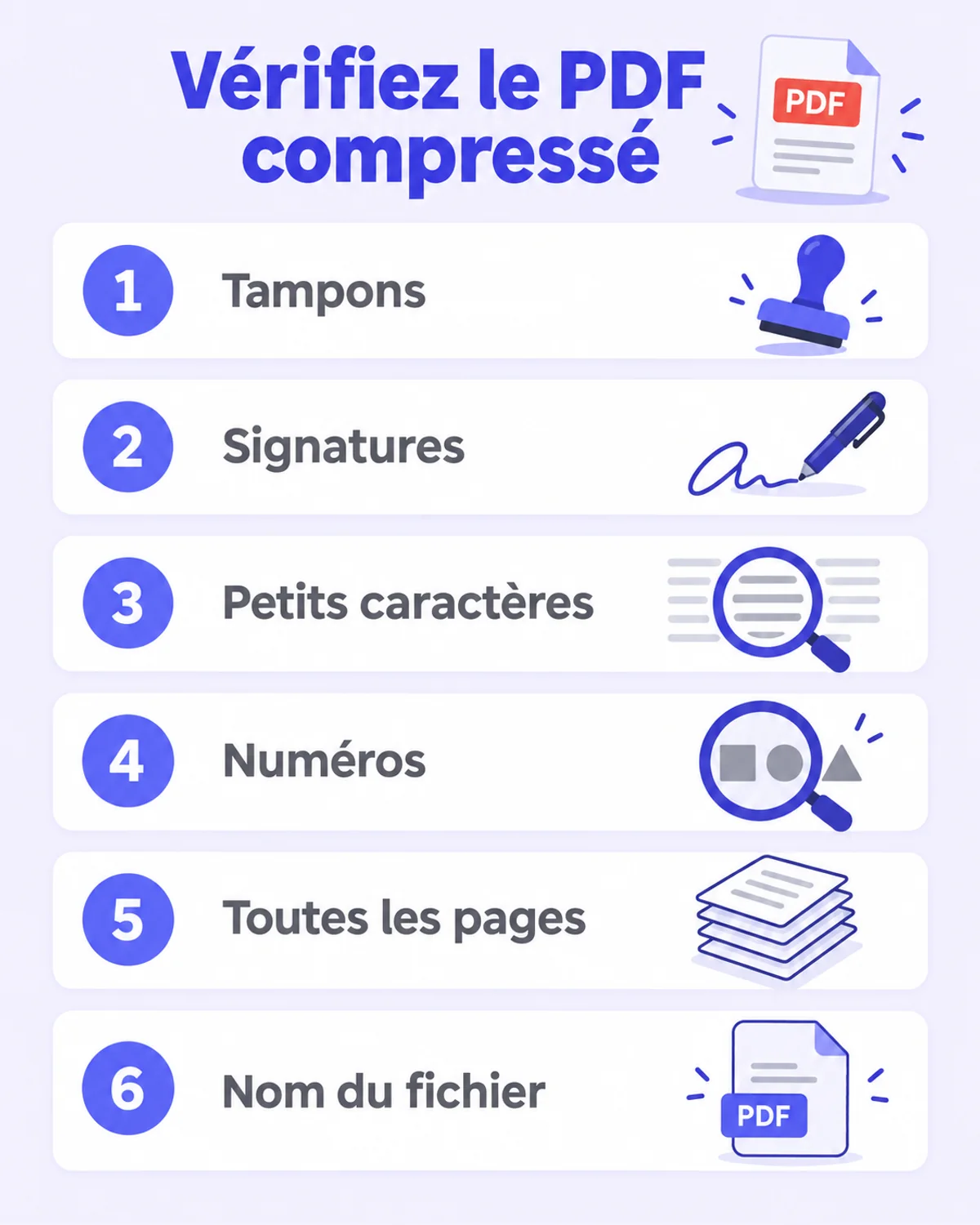 Infographie verticale en six blocs numérotés représentant une liste de vérification avant téléversement, avec des pictogrammes de tampon, de signature, de chiffres agrandis, de pages ordonnées et d'étiquette de fichier