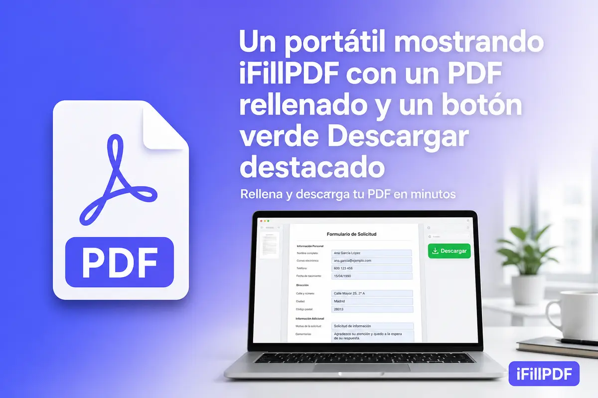 Pantalla de un portátil mostrando iFillPDF con un PDF rellenado y un botón verde Descargar destacado, ambiente de oficina luminosa