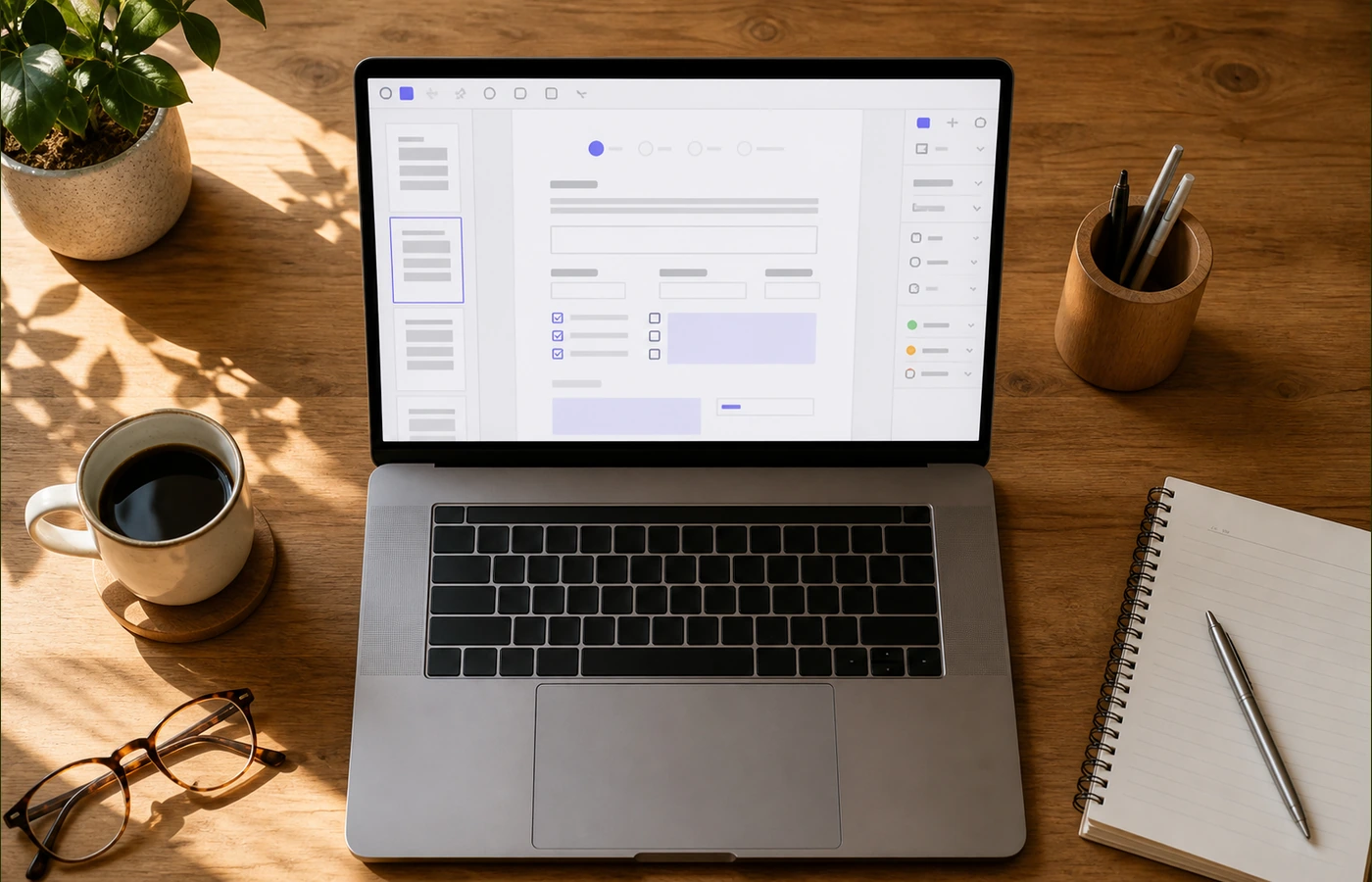 Foto cenital de un escritorio profesional con un MacBook mostrando Adobe Acrobat Reader rellenando un PDF, junto a una taza de café y un cuaderno