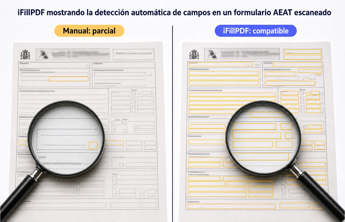 Captura anotada de iFillPDF mostrando la detección automática de campos en un formulario AEAT escaneado, con cuadros amarillos resaltando cada campo detectado