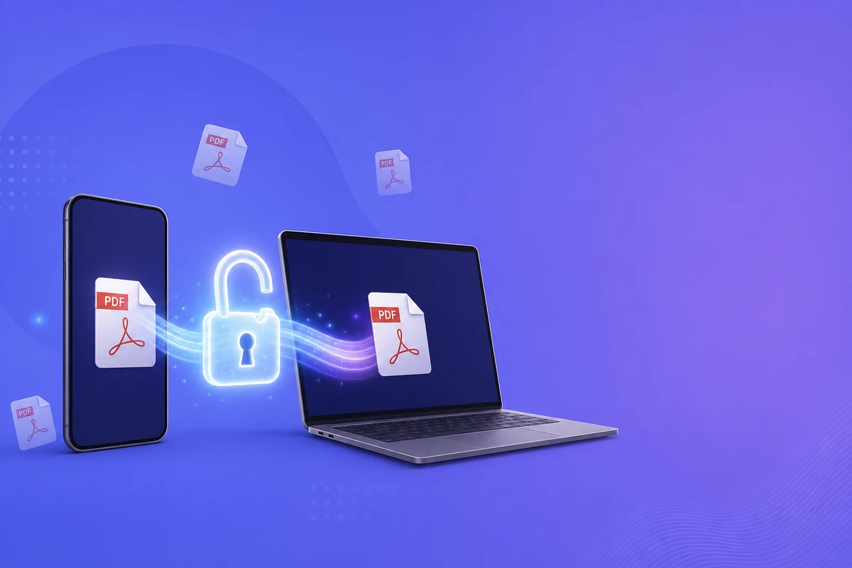 Smartphone and laptop unlocking the same PDF file with a padlock