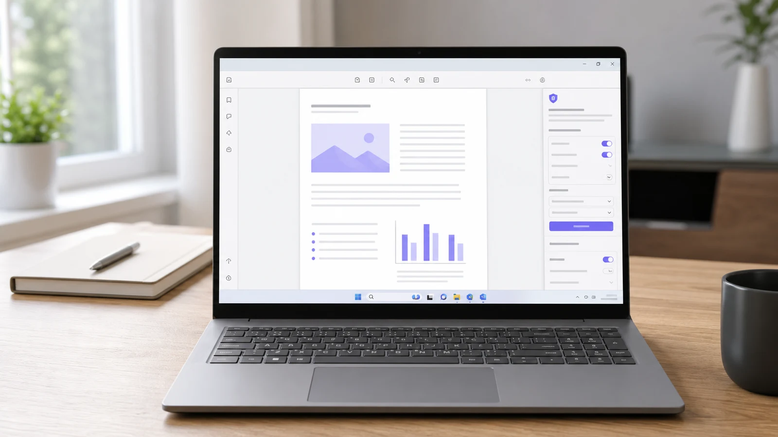 Laptop with PDF security panel open in a professional editor