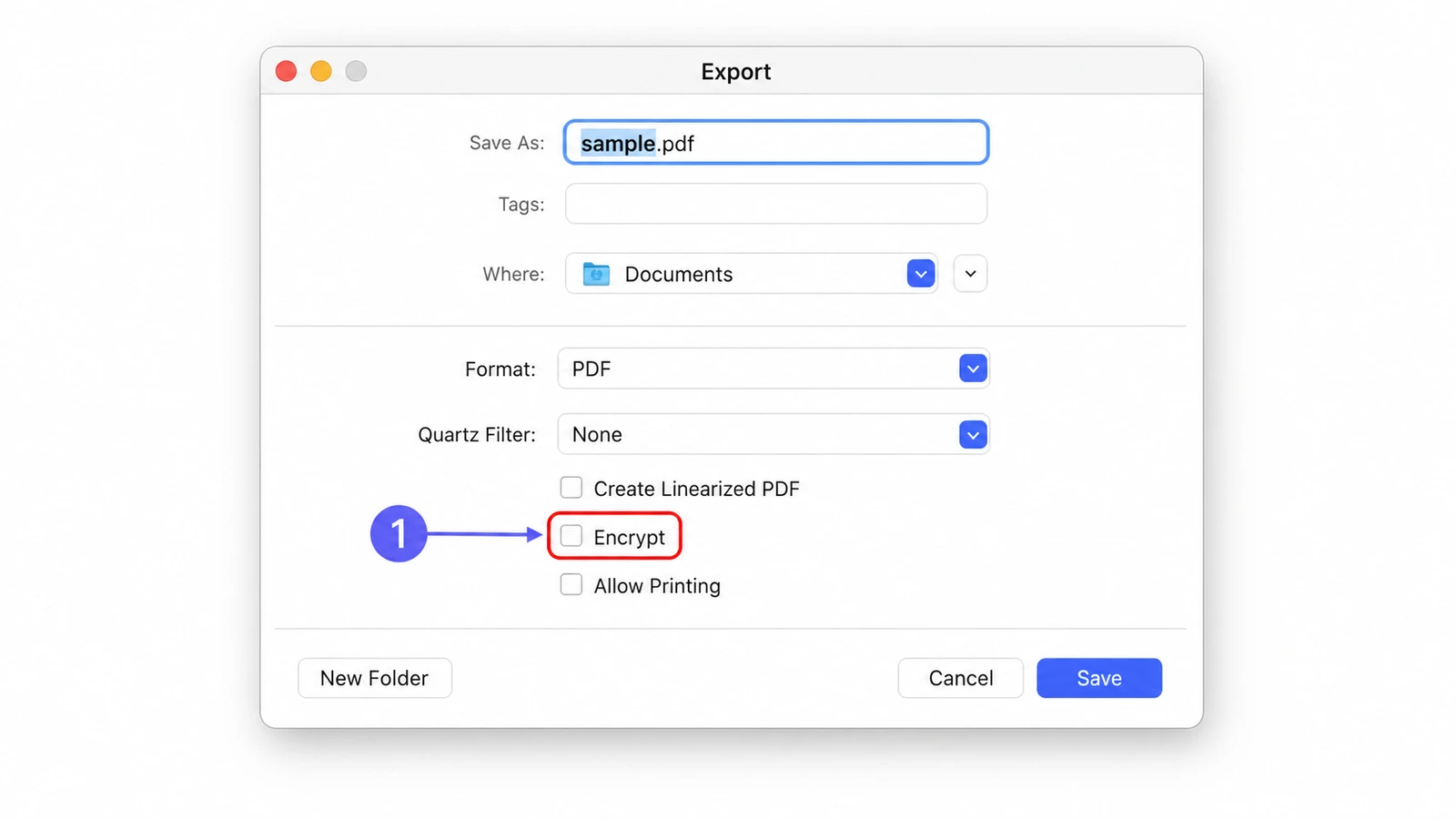 macOS Preview Export dialog with Encrypt checkbox highlighted