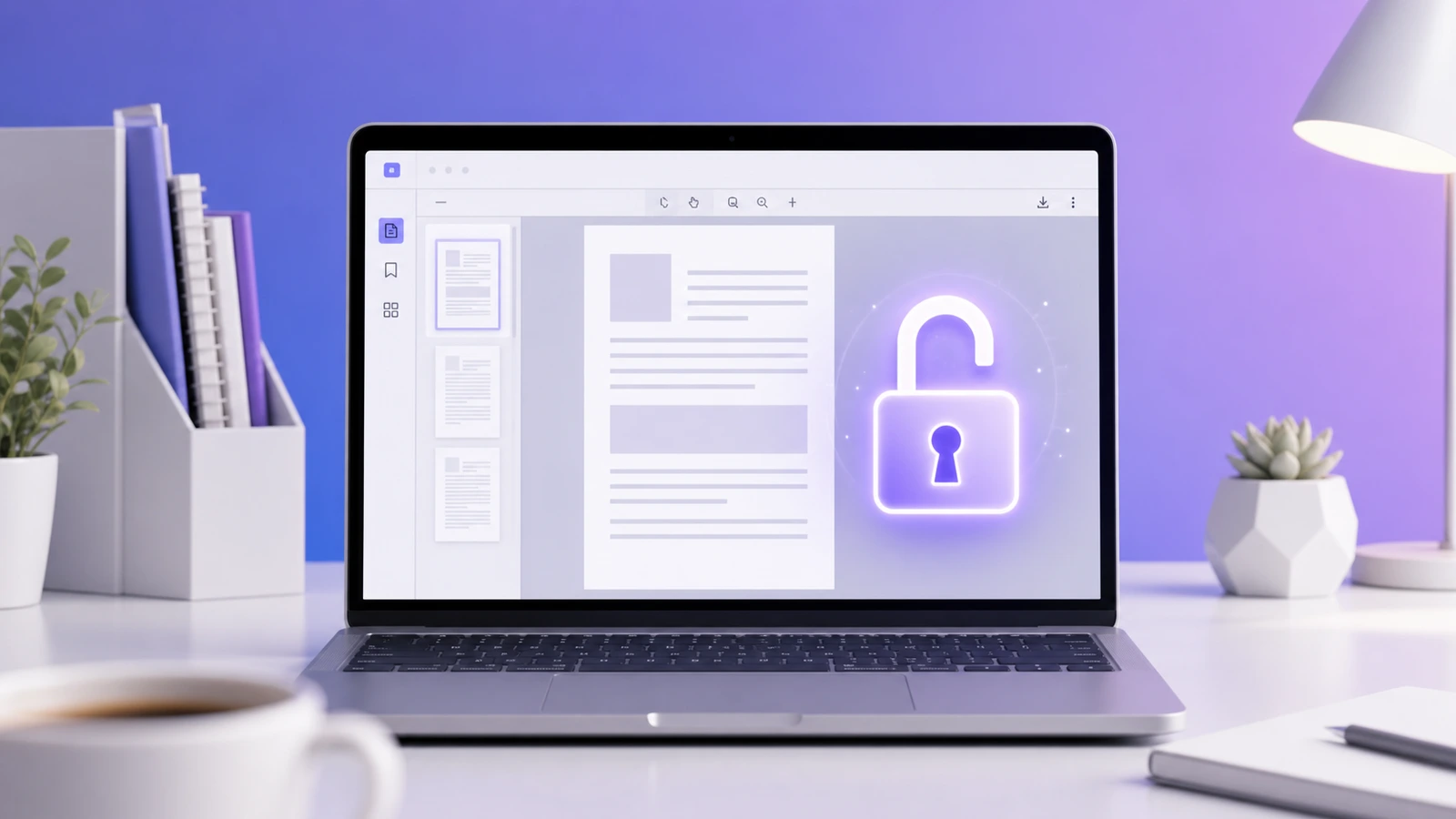 Laptop showing a PDF unlocking with a glowing padlock icon
