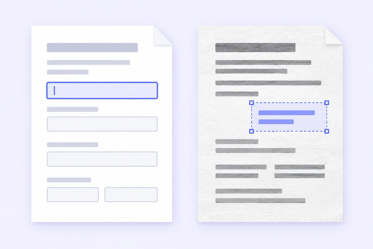 Schéma iFillPDF comparant un champ interactif et du texte ajouté sur un scan