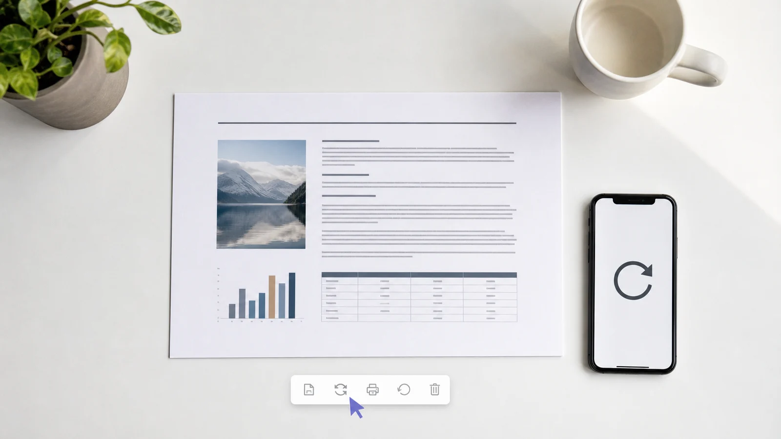 A4 PDF printed in wrong landscape orientation next to a phone showing a rotate icon, ready to be rotated permanently