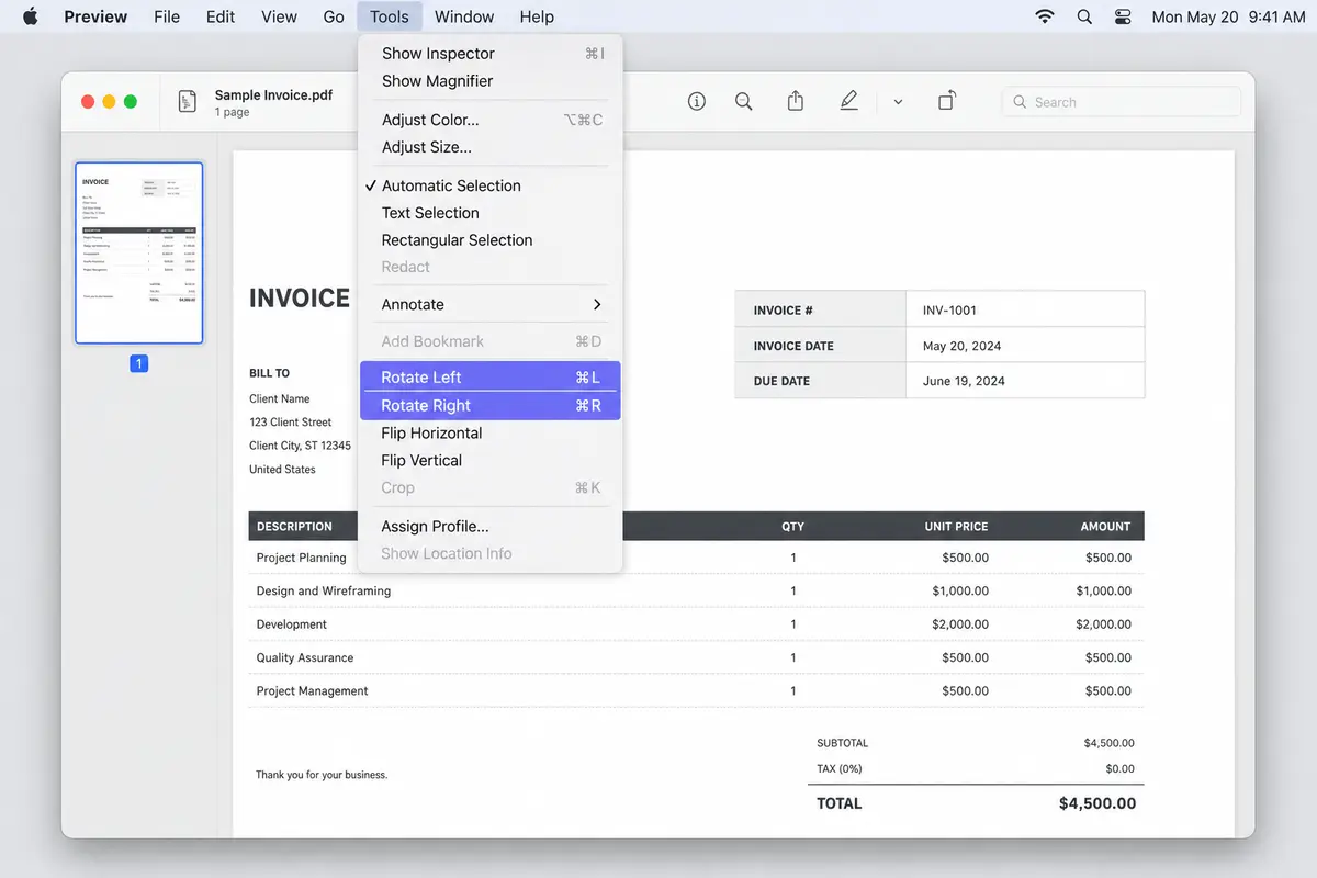 macOS Preview Tools menu open with Rotate Left and Rotate Right keyboard shortcuts highlighted