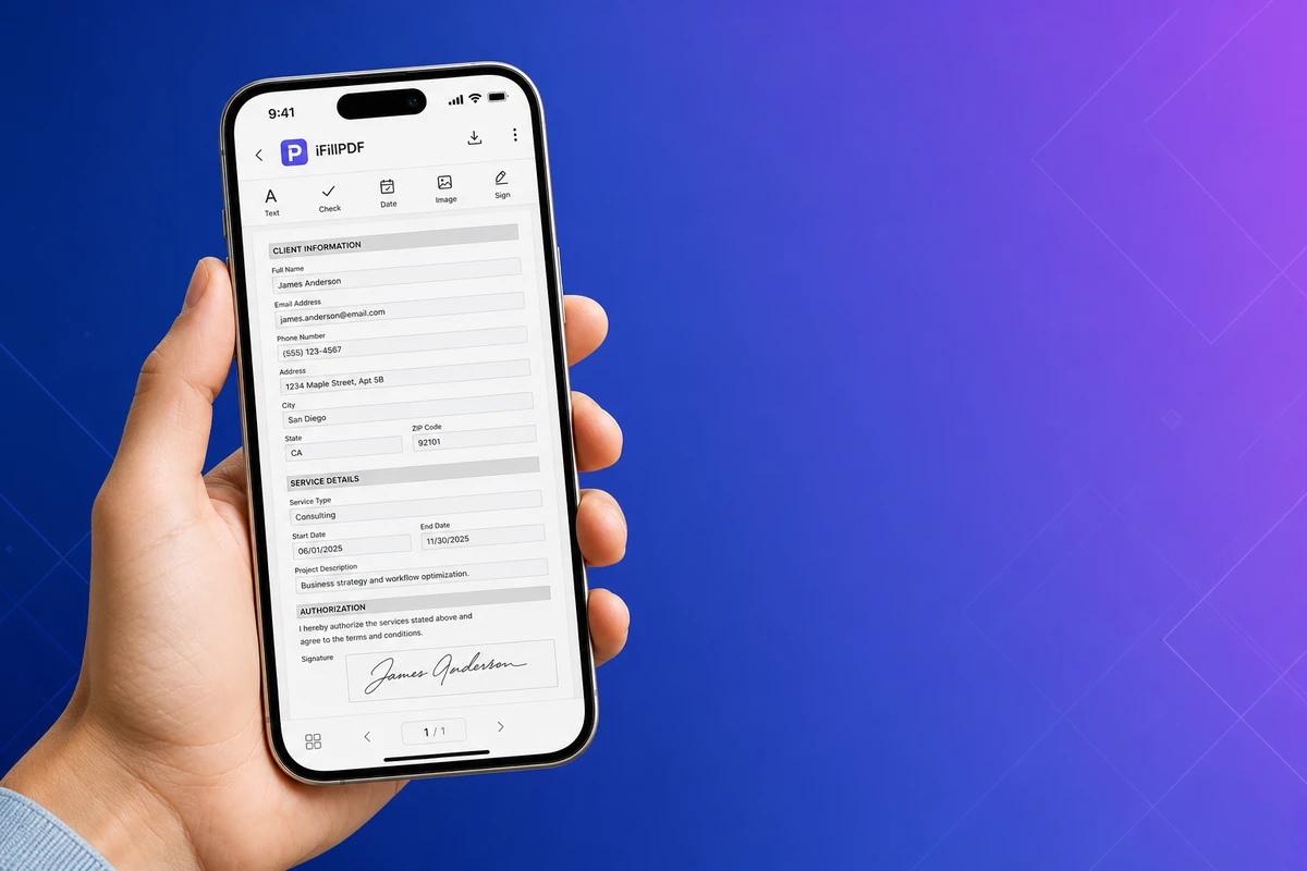 iPhone showing iFillPDF interface with a scanned PDF being filled and signed