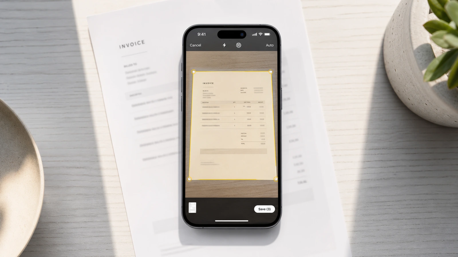 iPhone scanning a paper document with Notes app, edge detection highlighted in yellow