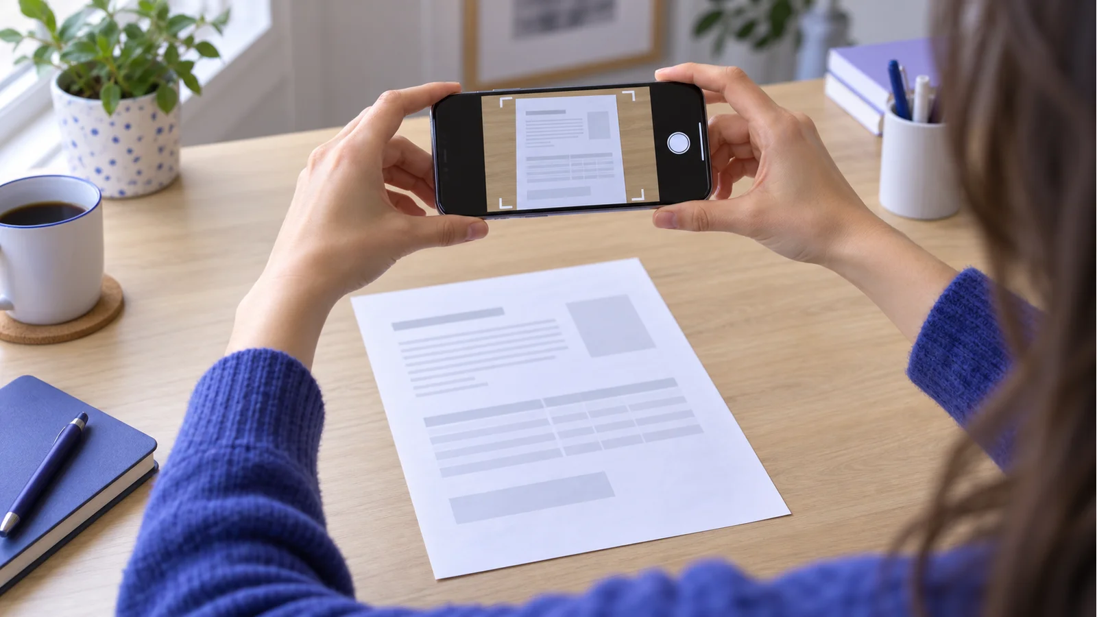 Personne posant une feuille A4 sur une table en bois clair et la cadrant avec la caméra d'un smartphone tenu à deux mains, lumière naturelle venant d'une fenêtre latérale