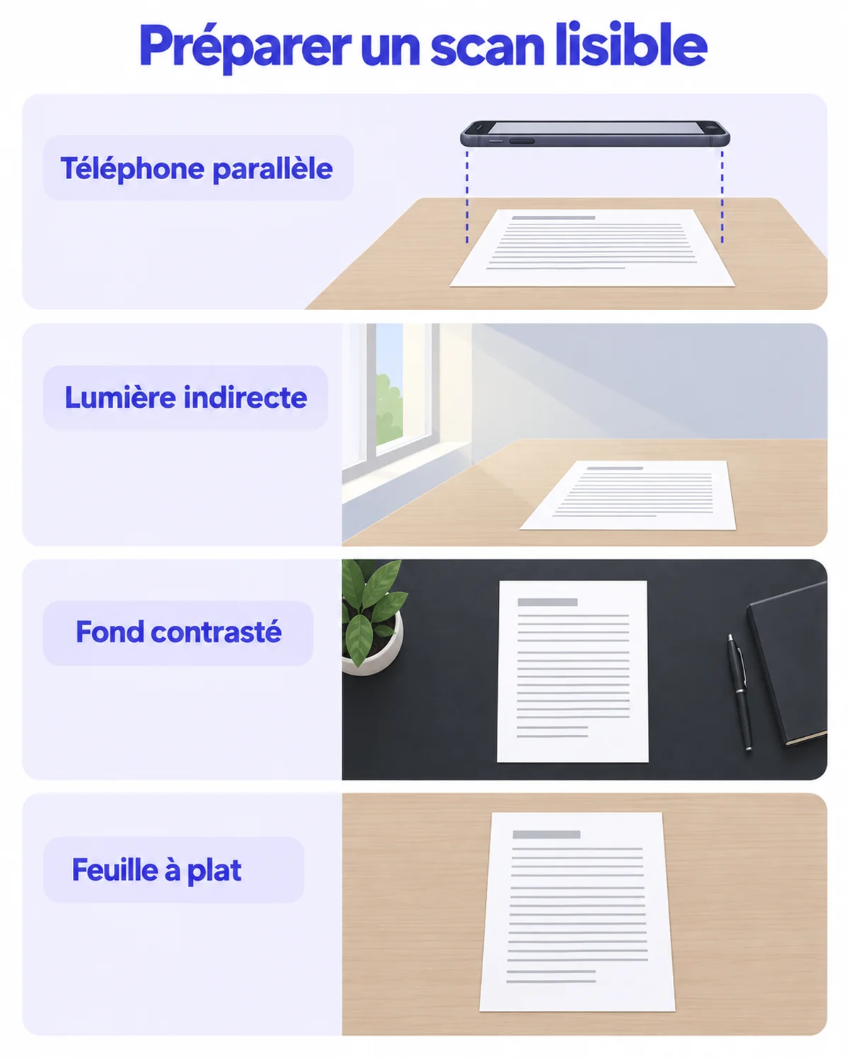Infographie verticale des conditions de prise de vue d'un scan : hauteur du téléphone au-dessus de la feuille, fenêtre latérale comme source lumineuse, fond de table contrasté, document posé à plat sans pli
