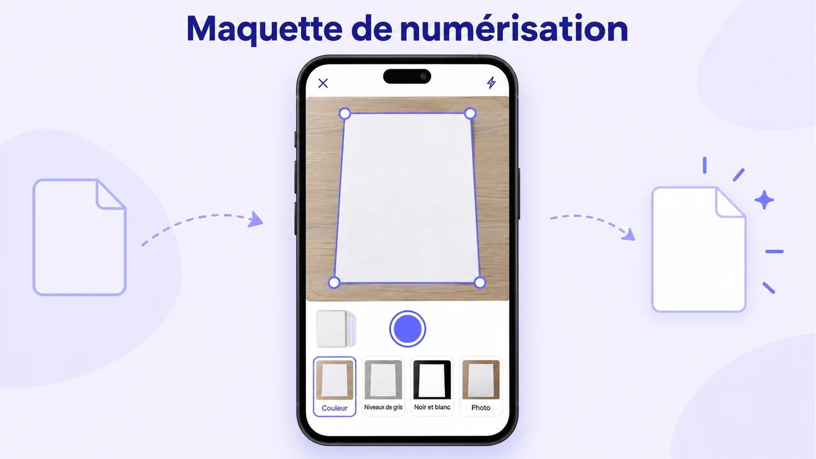 Maquette d'écran de smartphone en cours de numérisation : cadre de détection posé sur une feuille, compteur de pages en bas, rangée de quatre filtres Couleur, Niveaux de gris, Noir et blanc, Photo