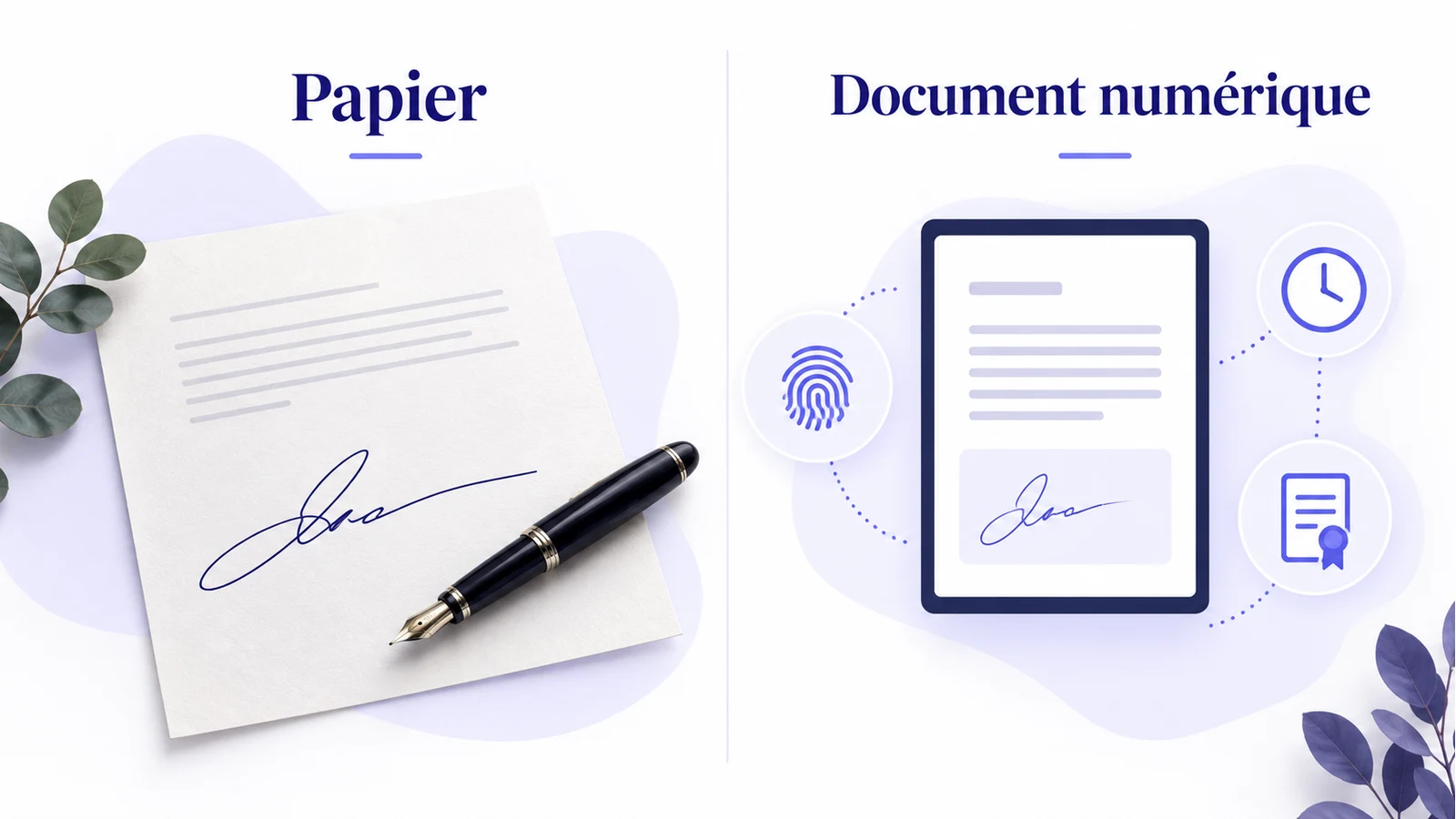 Composition graphique en deux colonnes opposant une feuille de papier portant un paraphe à l'encre et un document numérique entouré d'un sceau, d'une empreinte et d'une horloge