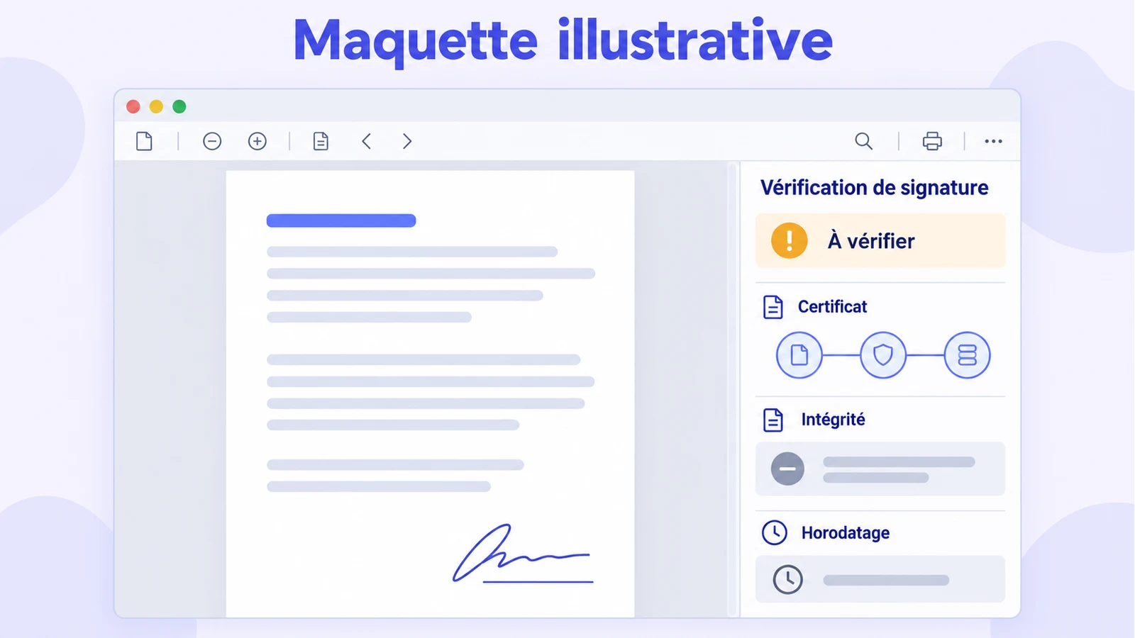 Maquette d'un lecteur de PDF affichant un panneau latéral de vérification de signature avec un bandeau de validité, la chaîne de certification dépliée et un horodatage