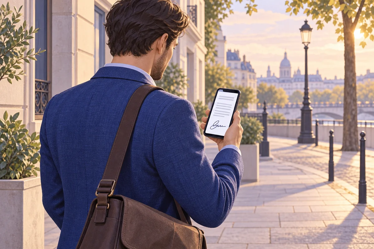 Personne debout dans une rue consulte son téléphone où s'affiche un document signé, sacoche à l'épaule, lumière de fin de journée