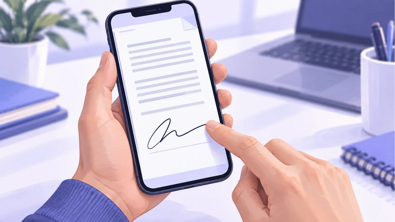 Main tenant un smartphone et traçant une signature au doigt sur un document PDF affiché à l'écran, bureau flou en arrière-plan