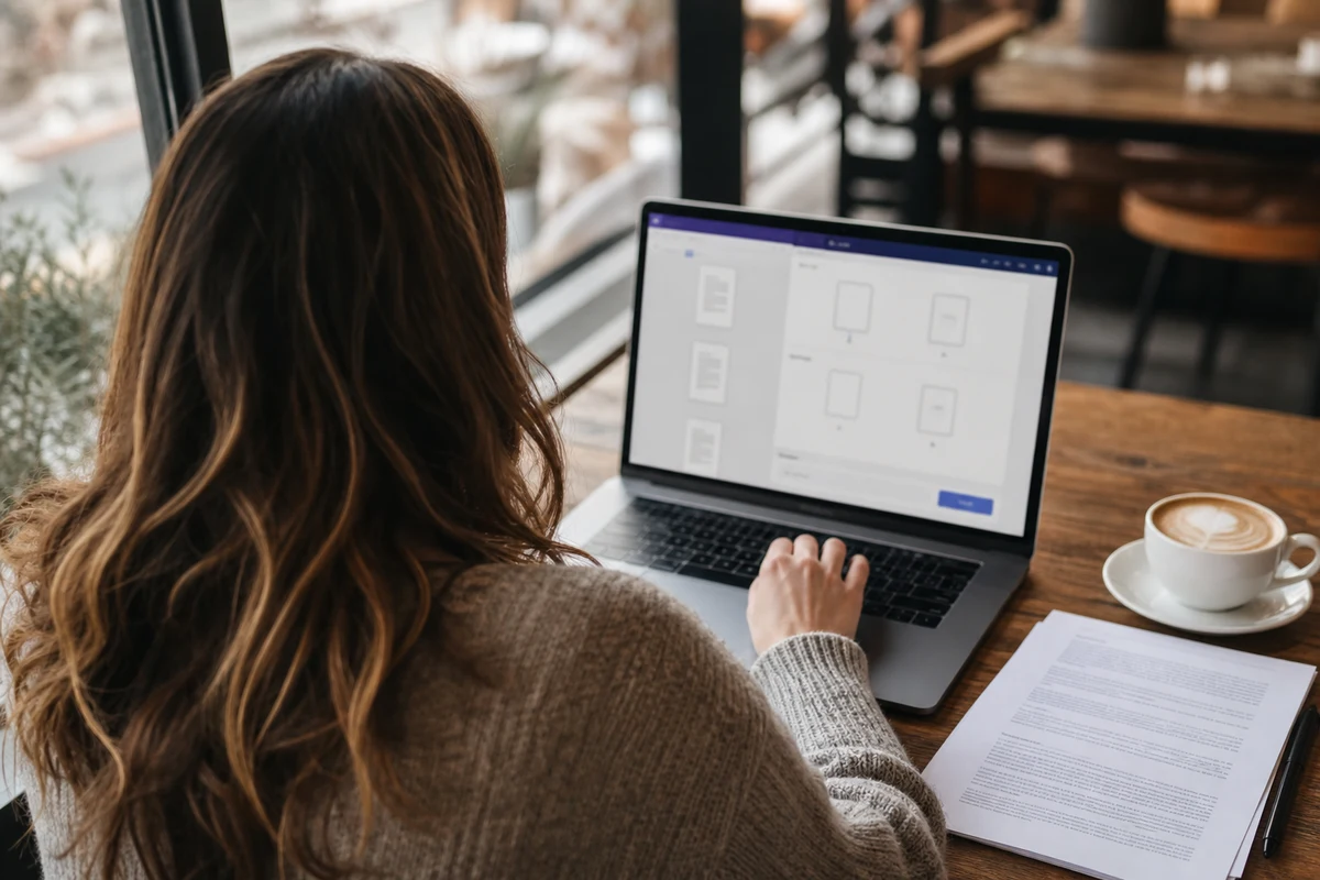 Remote worker splitting a multi-page contract on a laptop in a coffee shop using a browser-based PDF splitter