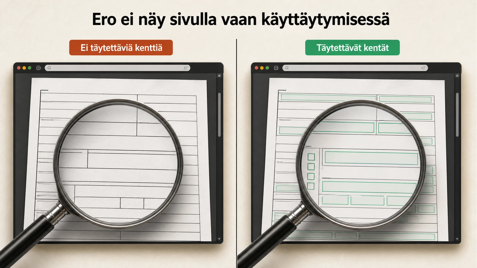 Kaksiosainen vertailukuva: vasemmalla skannattu paperilomake avattuna tavallisessa selainkatselimessa ilman yhtään täytettävää kohtaa, oikealla sama lomake tunnistettuine kenttineen, keskellä pystysuora jakoviiva