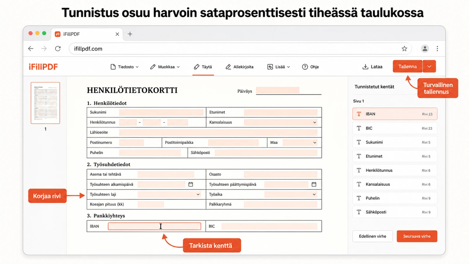 Lähikuva kannettavan näytöstä: skannattu suomenkielinen paperilomake selaimessa, ja sen tyhjien rivien päälle on piirtynyt automaattisesti tunnistettuja täyttökenttiä sinivioletein kehyksin, yksi kenttä aktiivisena kohdistin vilkkuen